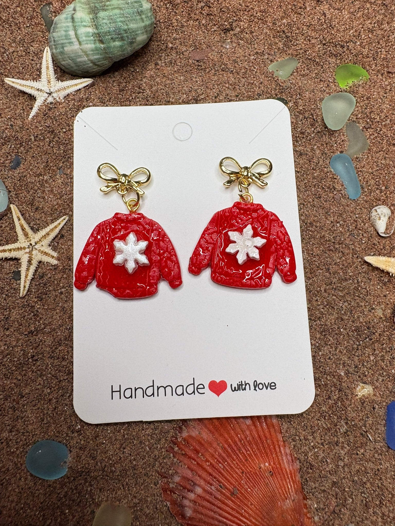 Winter Sweater With Bows Polymer Clay Drop Earrings - SC26