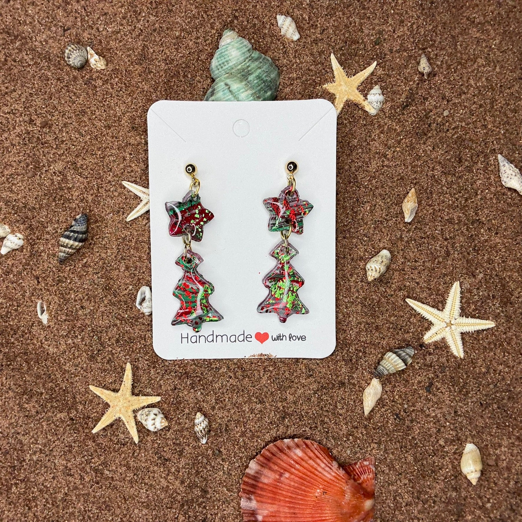 Small Christmas Tree with Star Polymer Clay Earrings - SC2