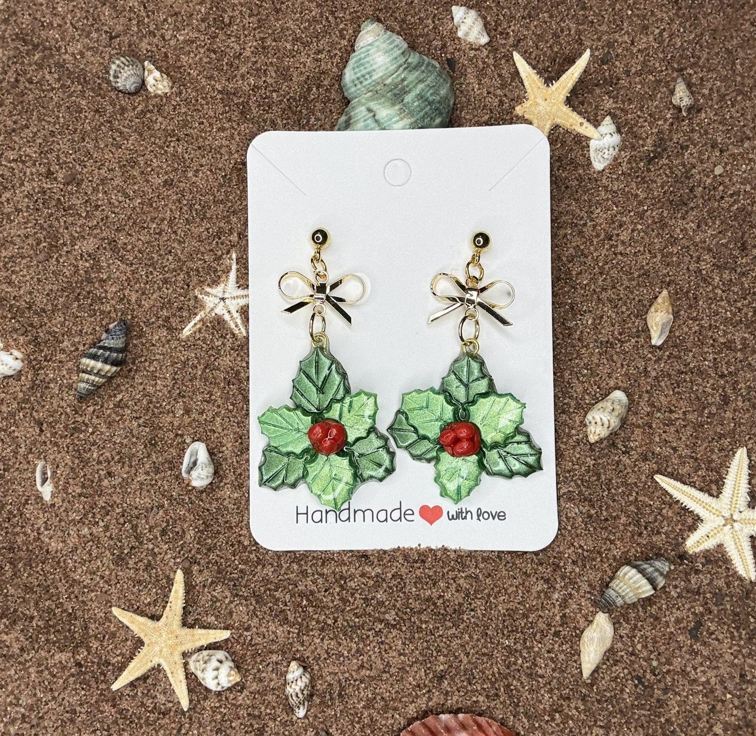 Holly Berry with Bows Polymer Clay Earrings - SC9