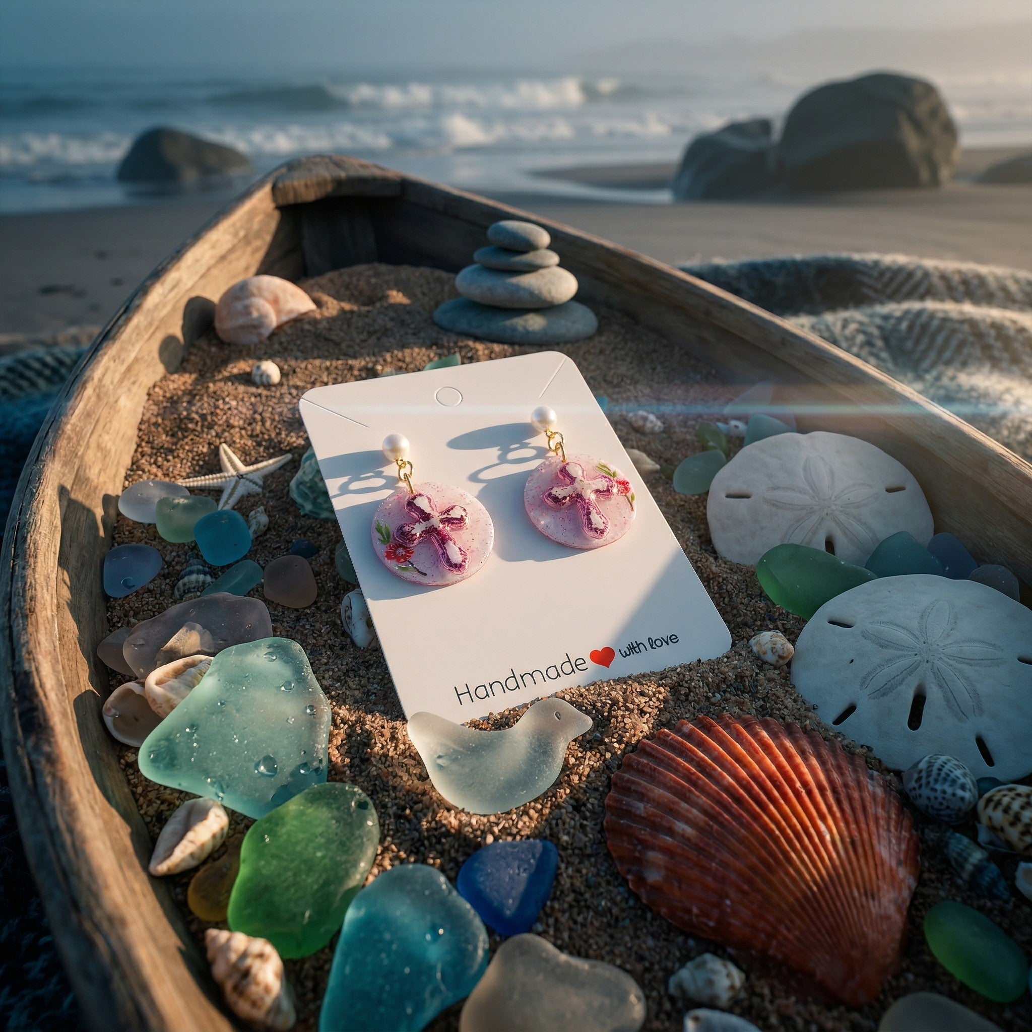 Pink Foil Cross Earrings SE-6