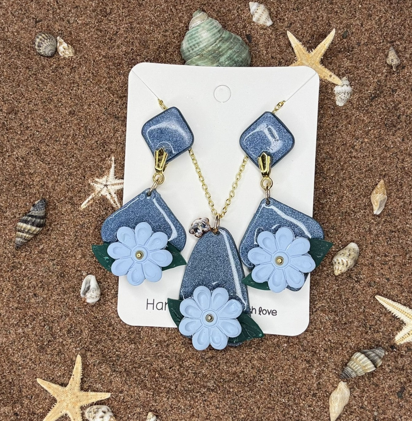Blue Flower Coastal Classic Polymer Clay Earrings and Necklace Set - SEN1