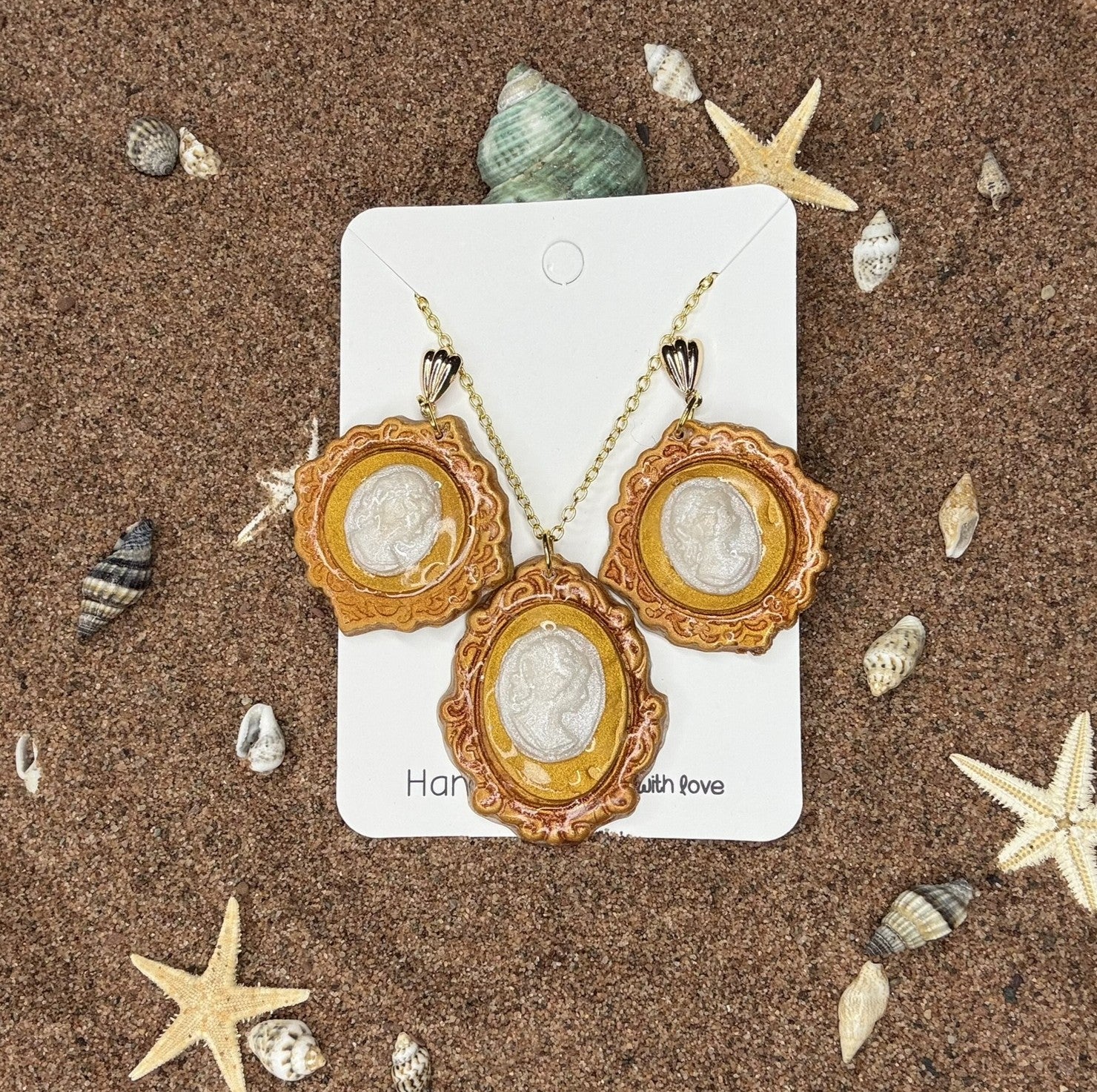 Cameo Coastal Classic Polymer Clay Earrings and Necklace Set - SEN2