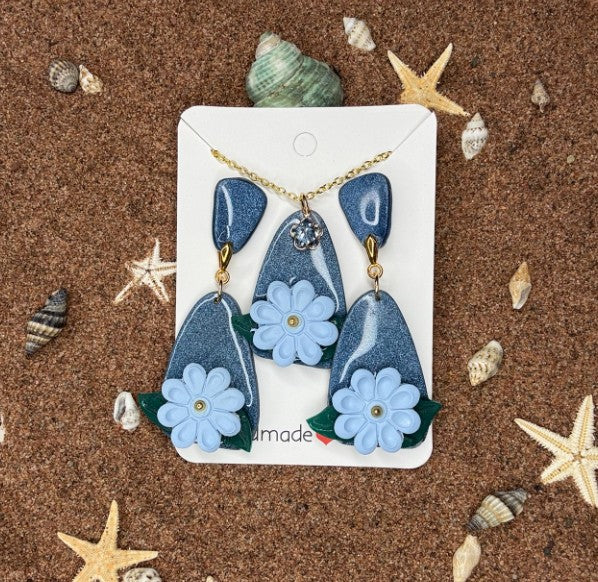 Flowers Coastal Classic Polymer Clay Earrings and Necklace Set - SEN3