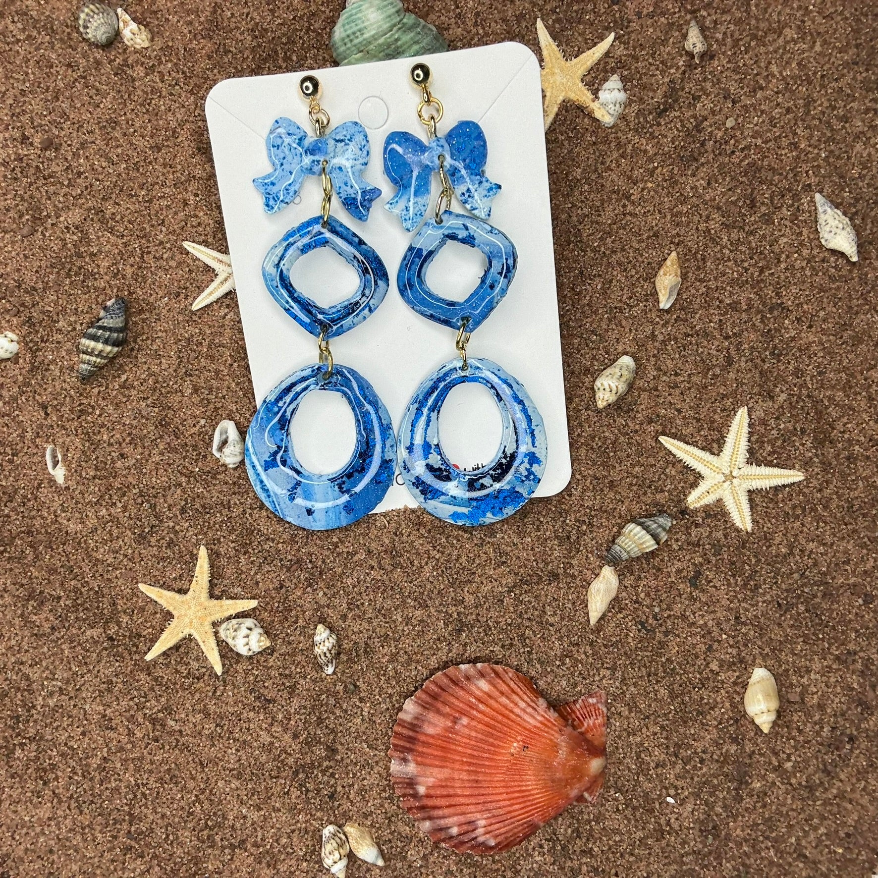 Three Piece Blue and White Marbled with Bows Polymer Clay Earrings SG10