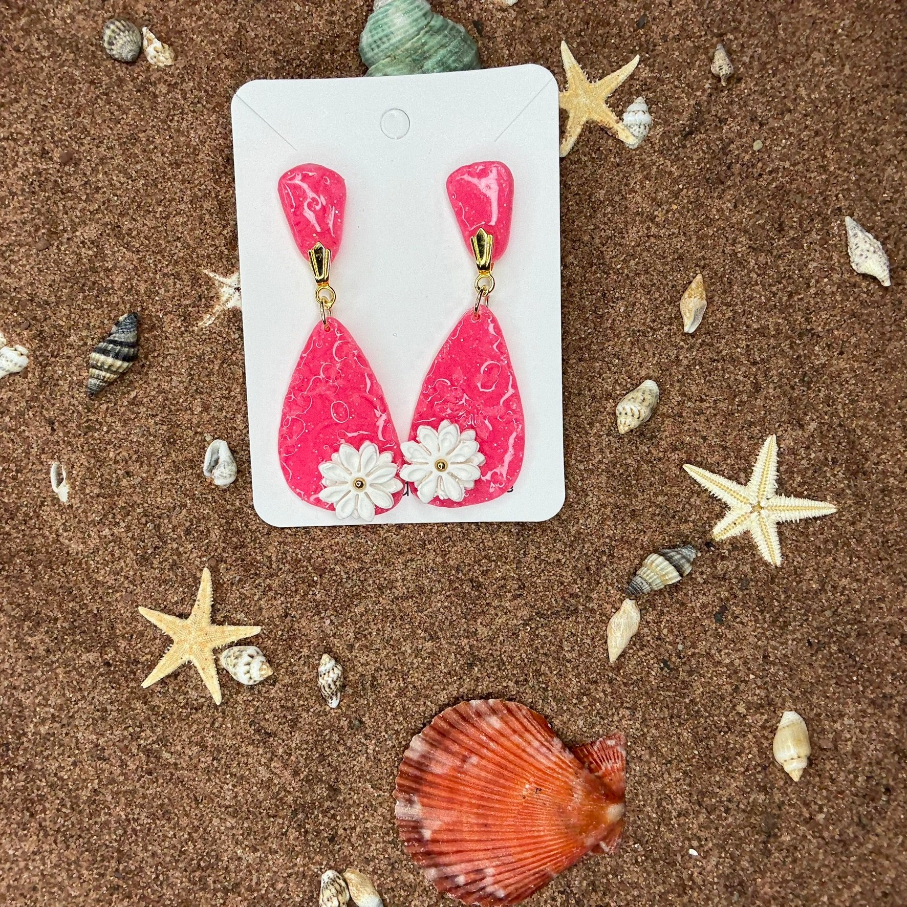 Two Piece Pink with White Flowers Polymer Clay Earrings SG13
