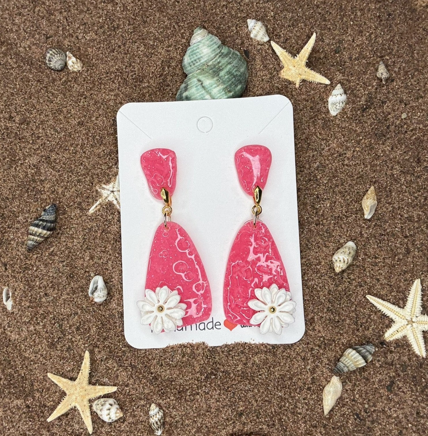 Two Piece Pink with White Flowers Polymer Clay Earrings SG19