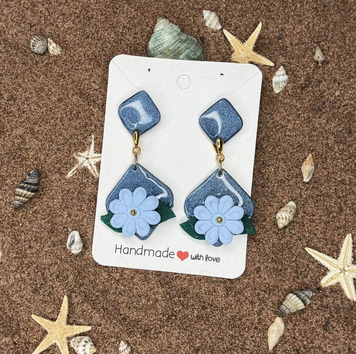 Two Piece Blue with Light Blue Flowers Polymer Clay Earrings SG20