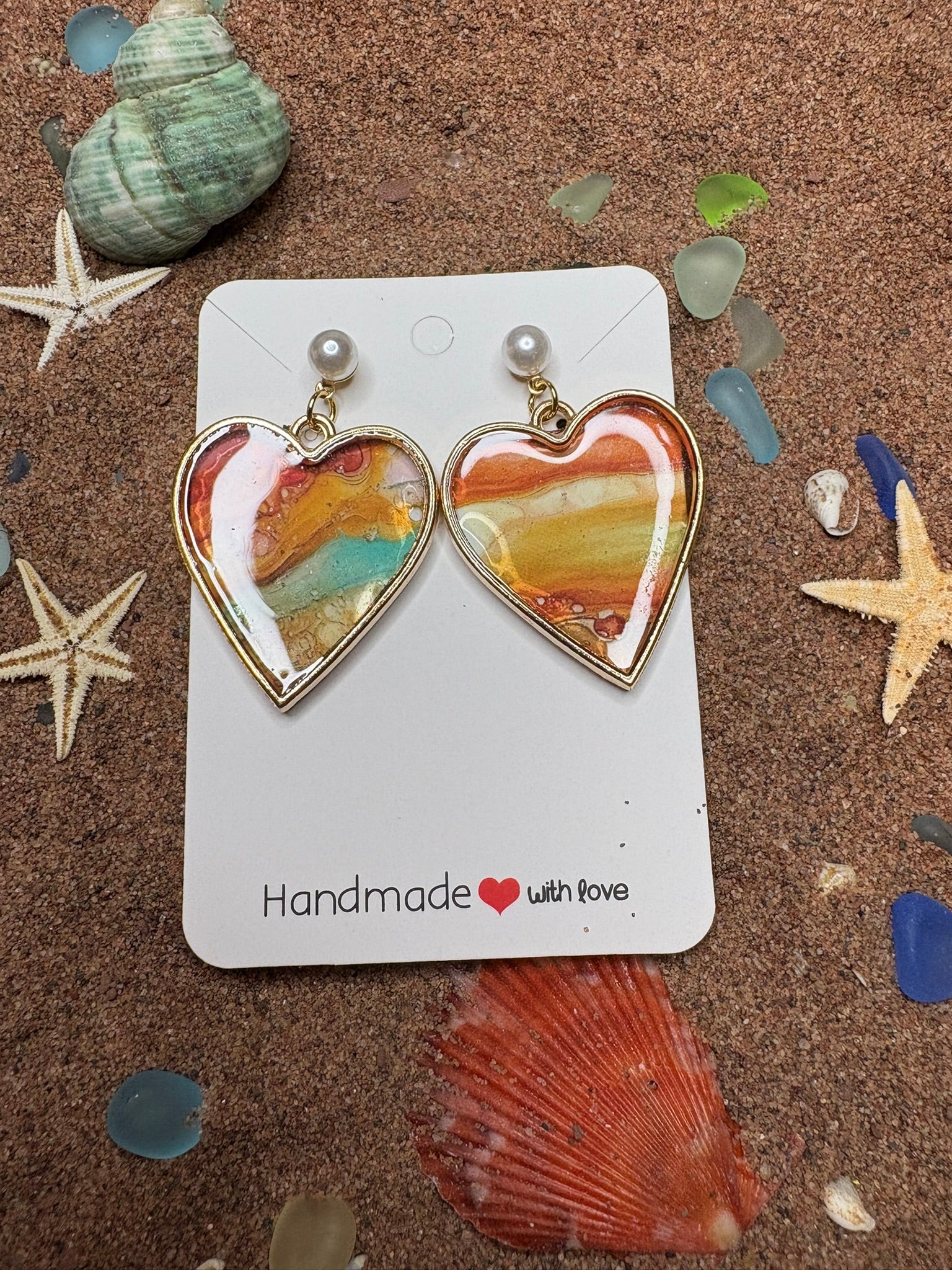 Ocean Washed Heart Shaped Resin Earrings with Faux Pearls SG35