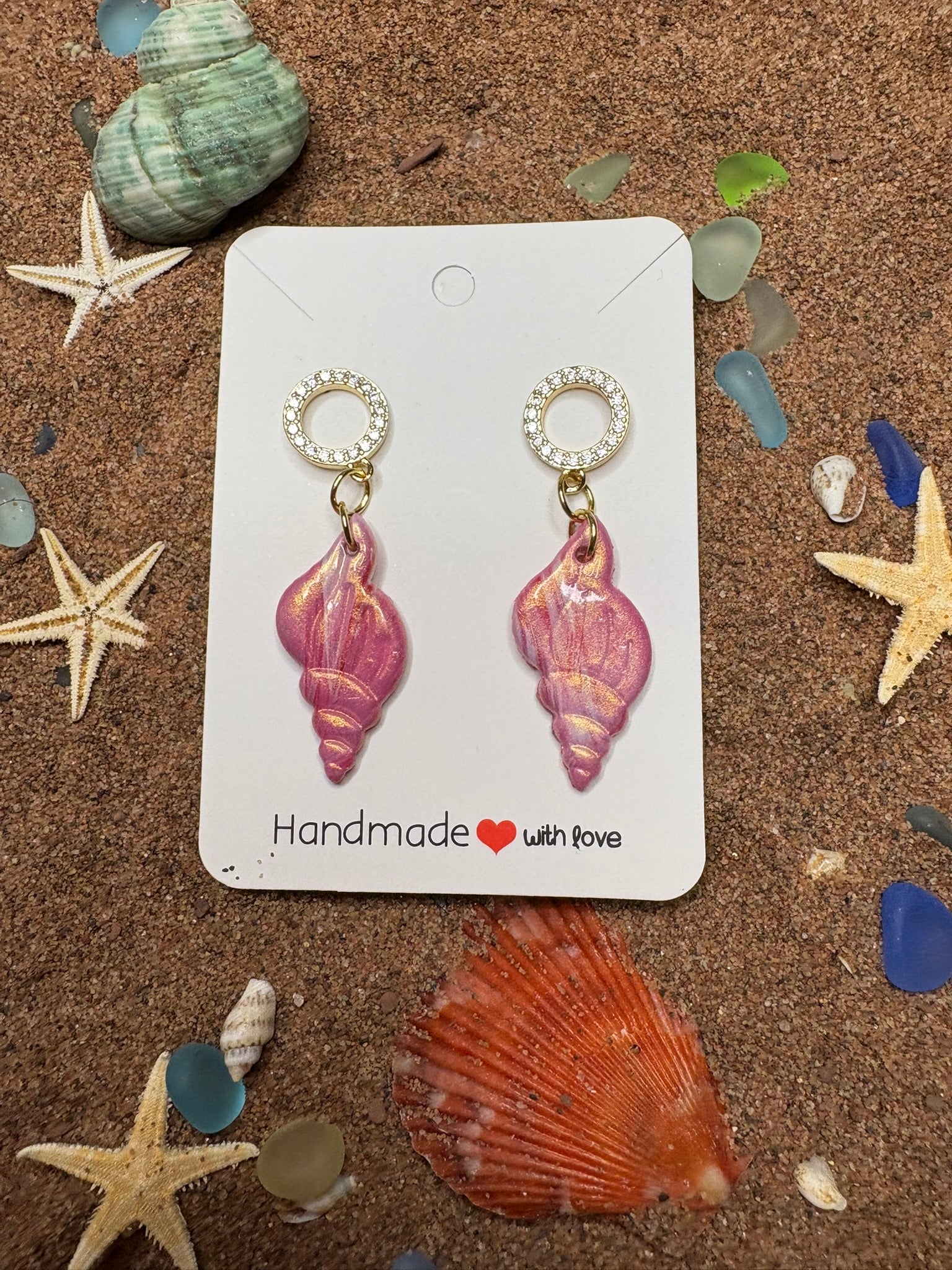 Pink Shells with Cubic Zirconium and Gold Rings - Earrings SG36