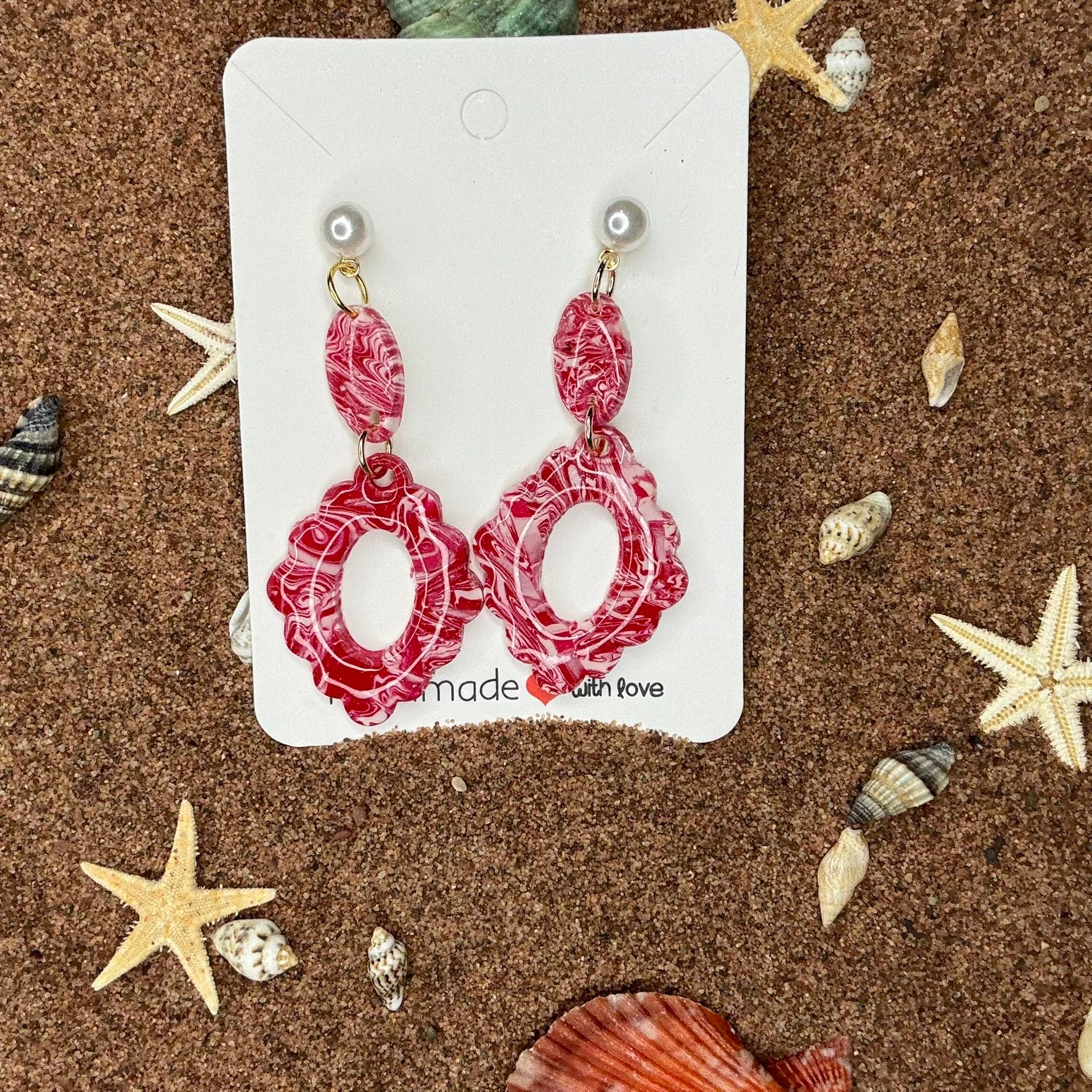 Two Piece Red and White Marbled Coastal Classic Polymer Clay Earrings SG3