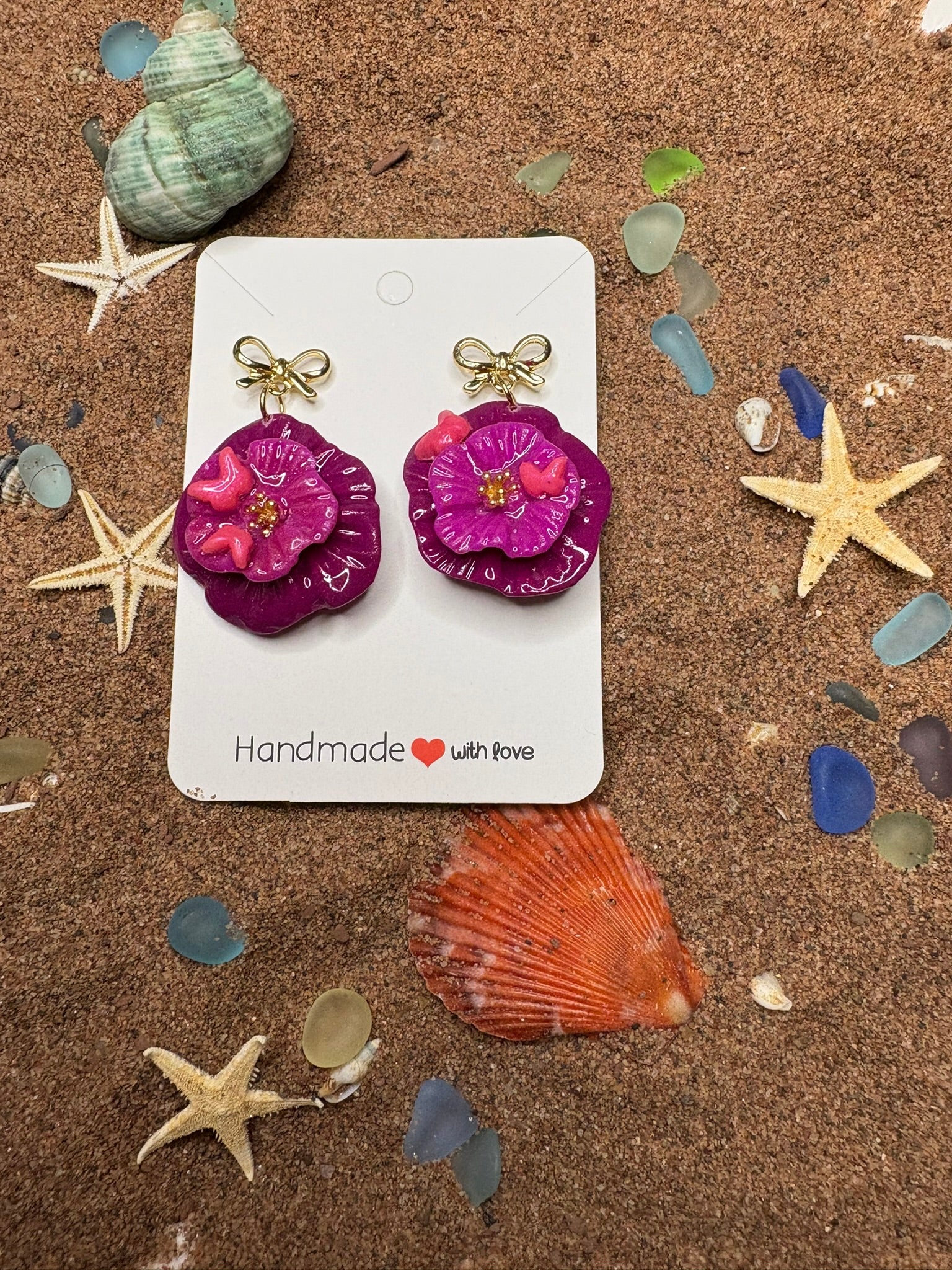 Purple Flowers with Butterflies and Bows Polymer Clay Earrings SG43