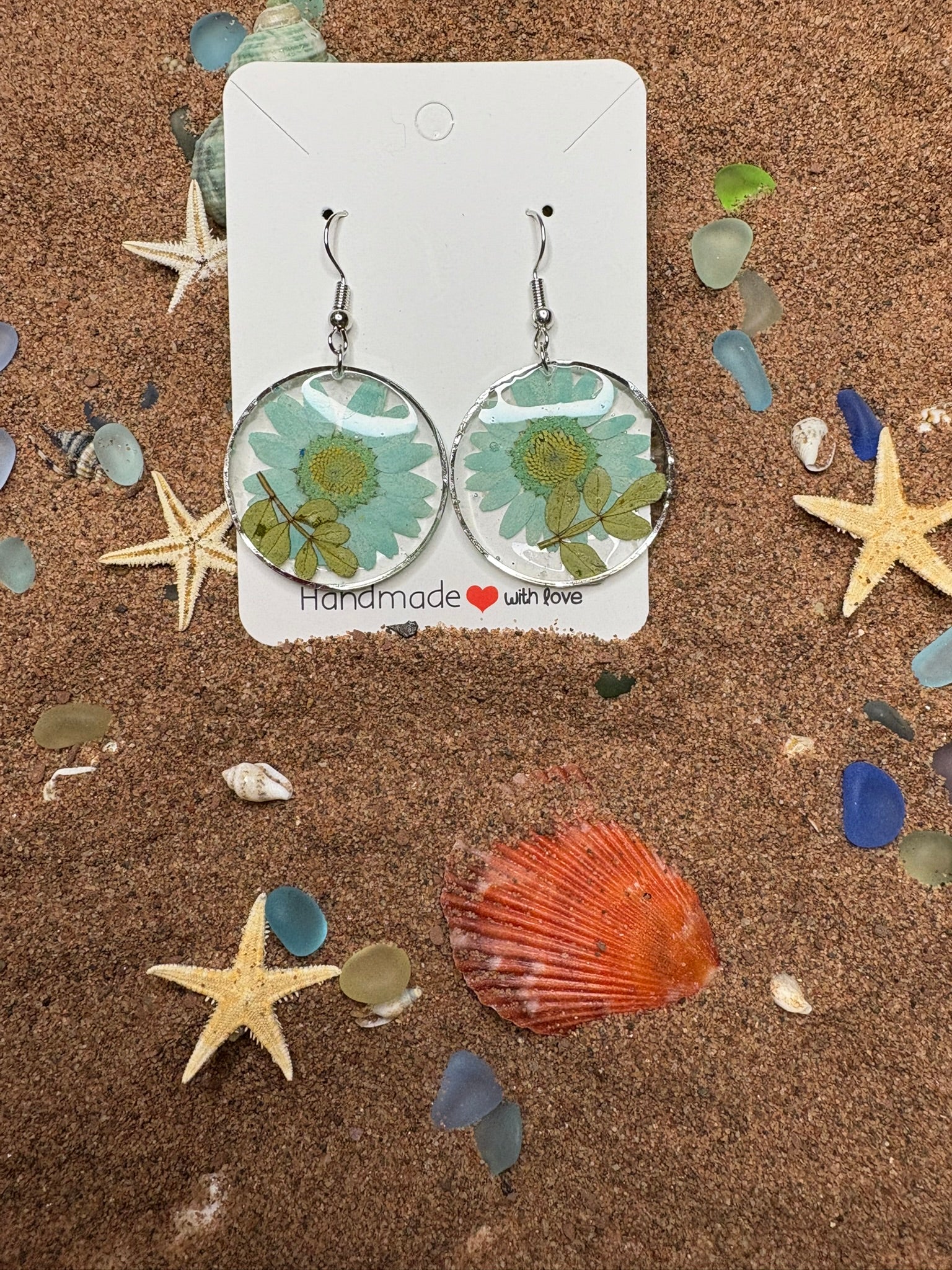 Light Green Flowers Embedded in Resin Earrings SG44