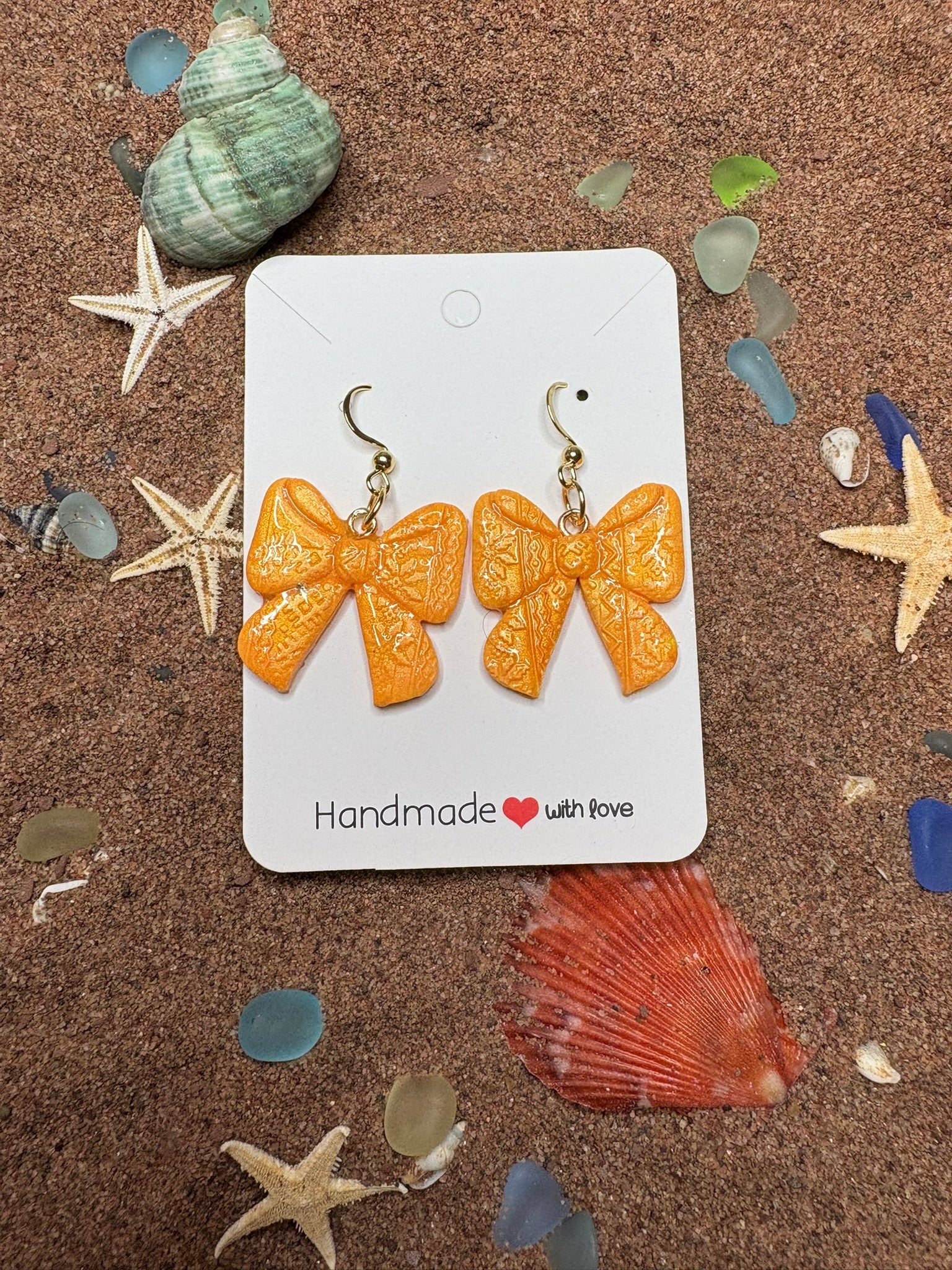 Orange Bows with Christmas Themed Texture Polymer Clay Earrings SG47