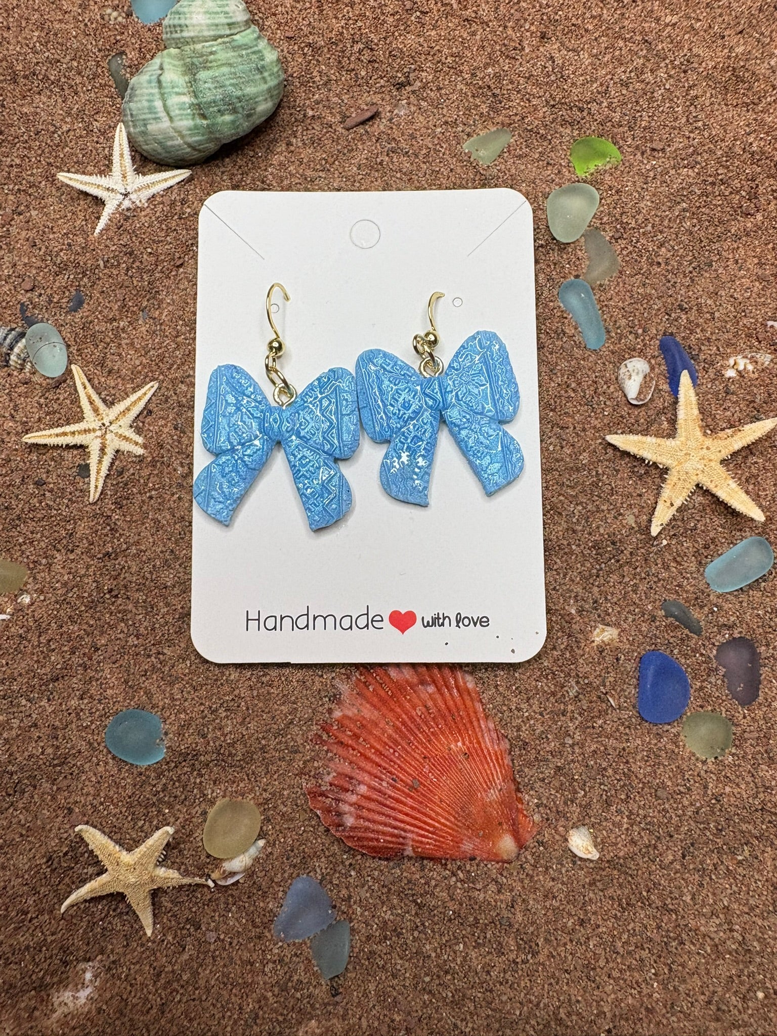 Light Blue Bows with Christmas Themed Texture Polymer Clay Earrings SG48