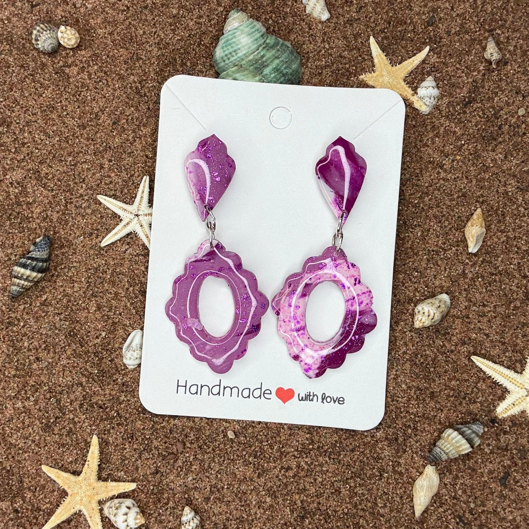 Two Piece Purple and White Marbled Coastal Classic Polymer Clay Earrings SG4