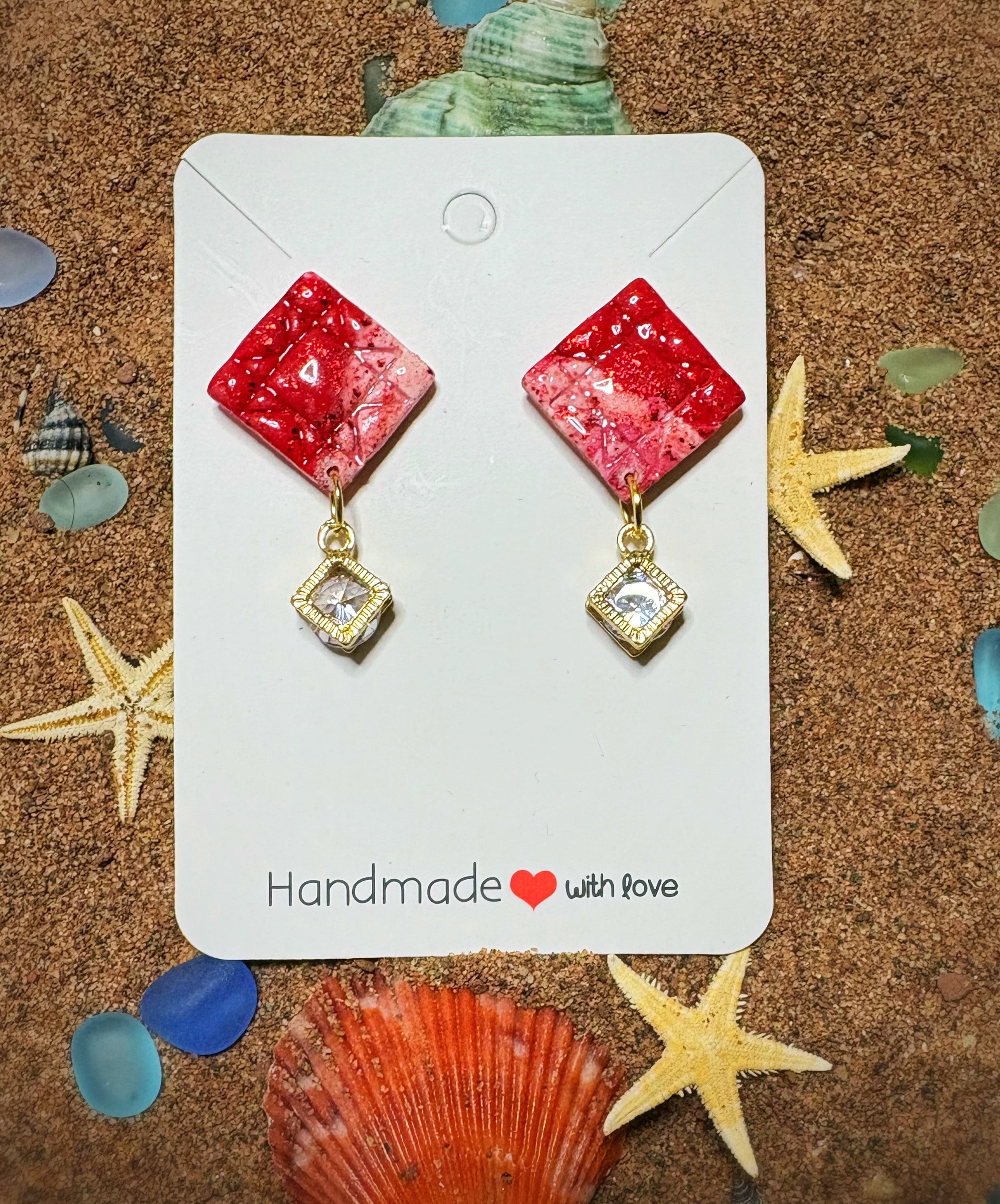 Pink Marble Drop Earrings with Crystal Flowers SG52