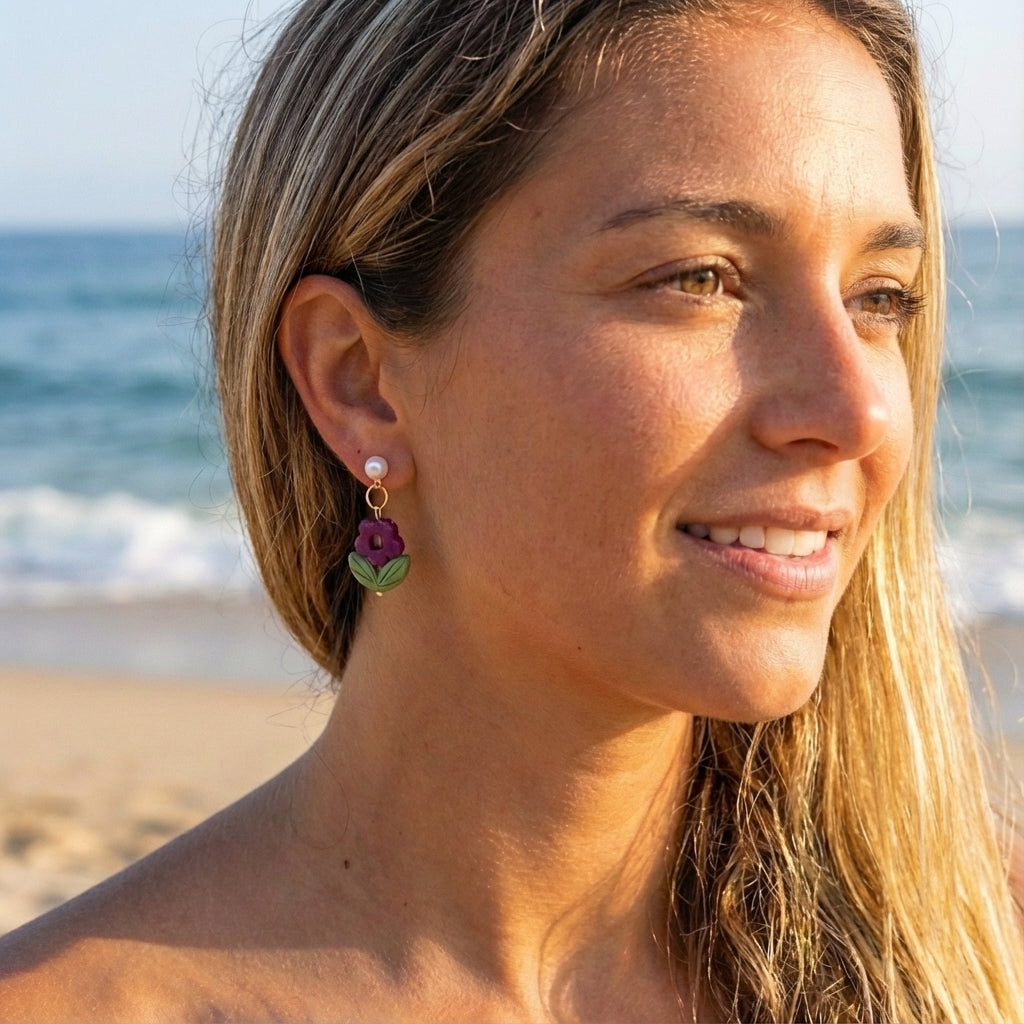 Delicate Purple Flower Drop Earrings SG55