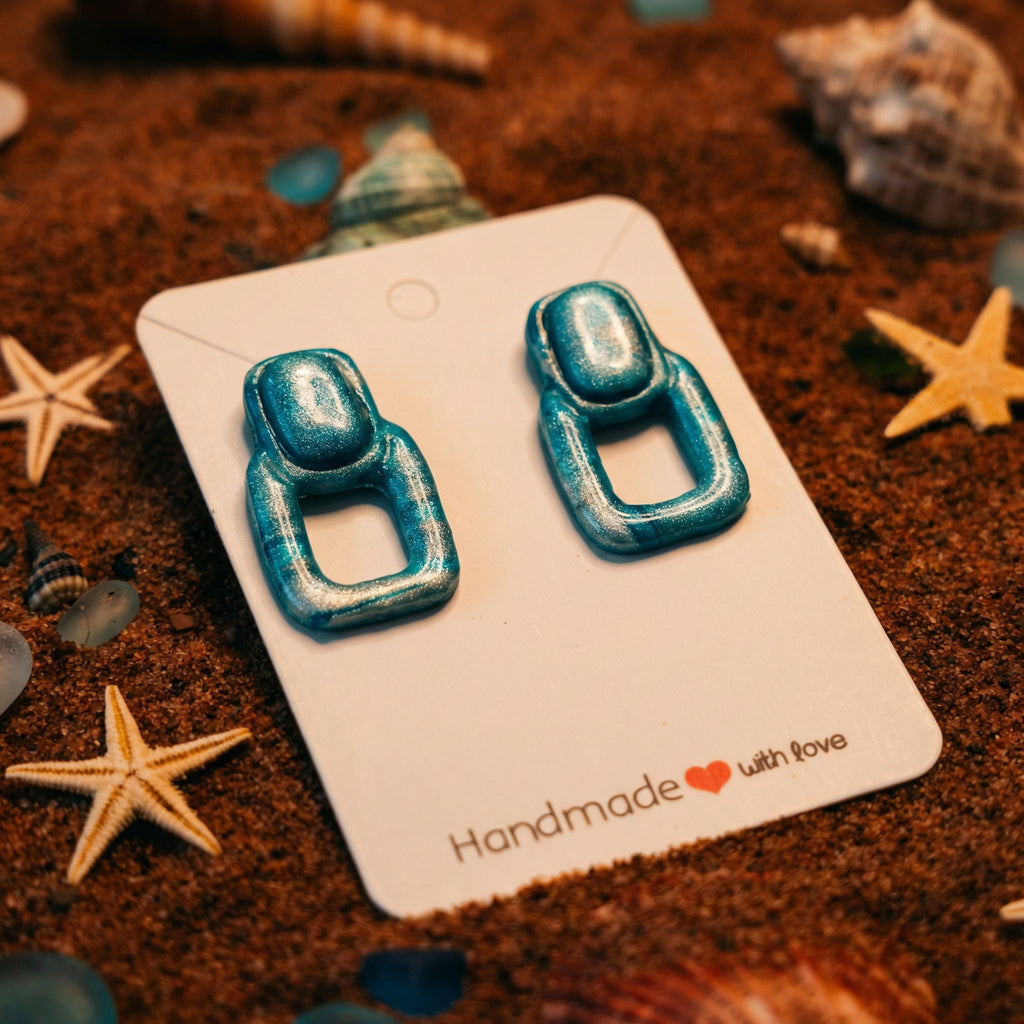 Geometric Turquoise and Frosted Peal Stud Earrings SG59