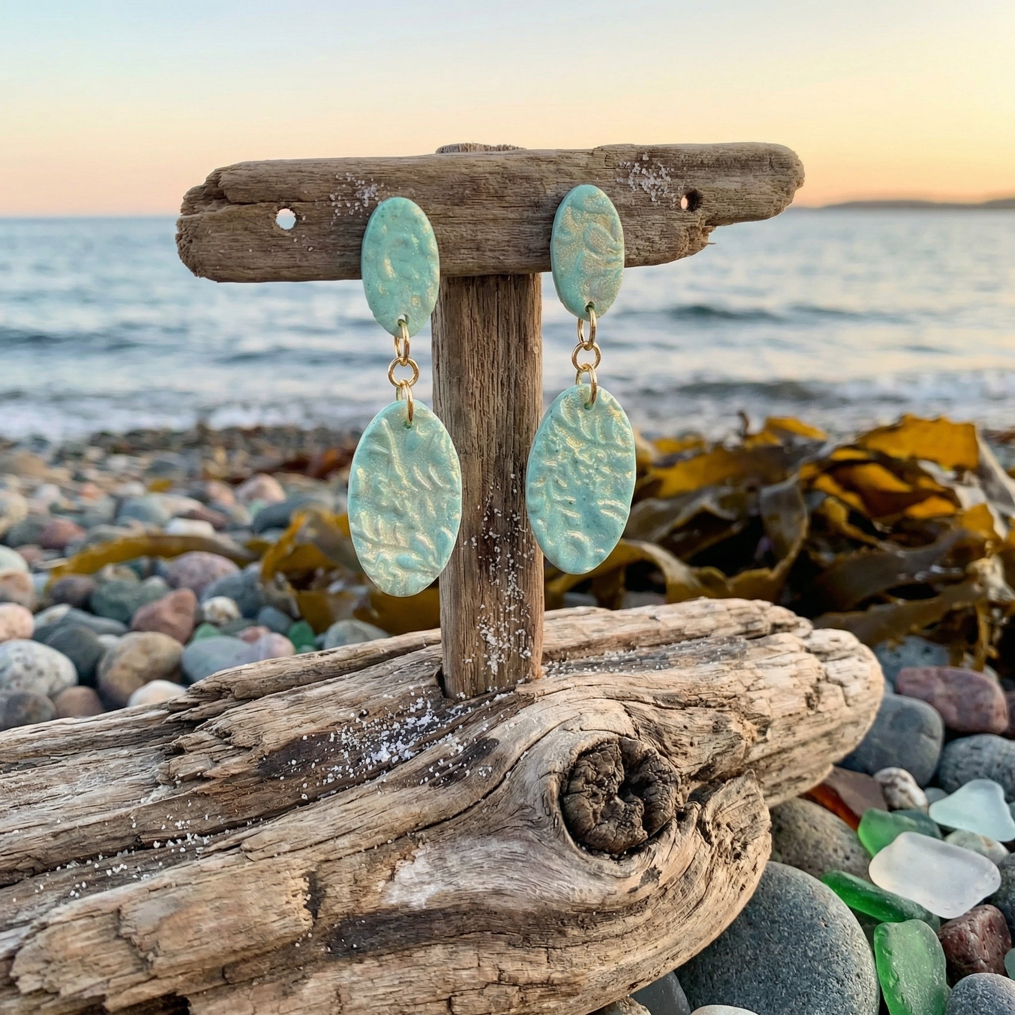 Pastel Green and Pearl Color Long Oval Drop Earrings SG74