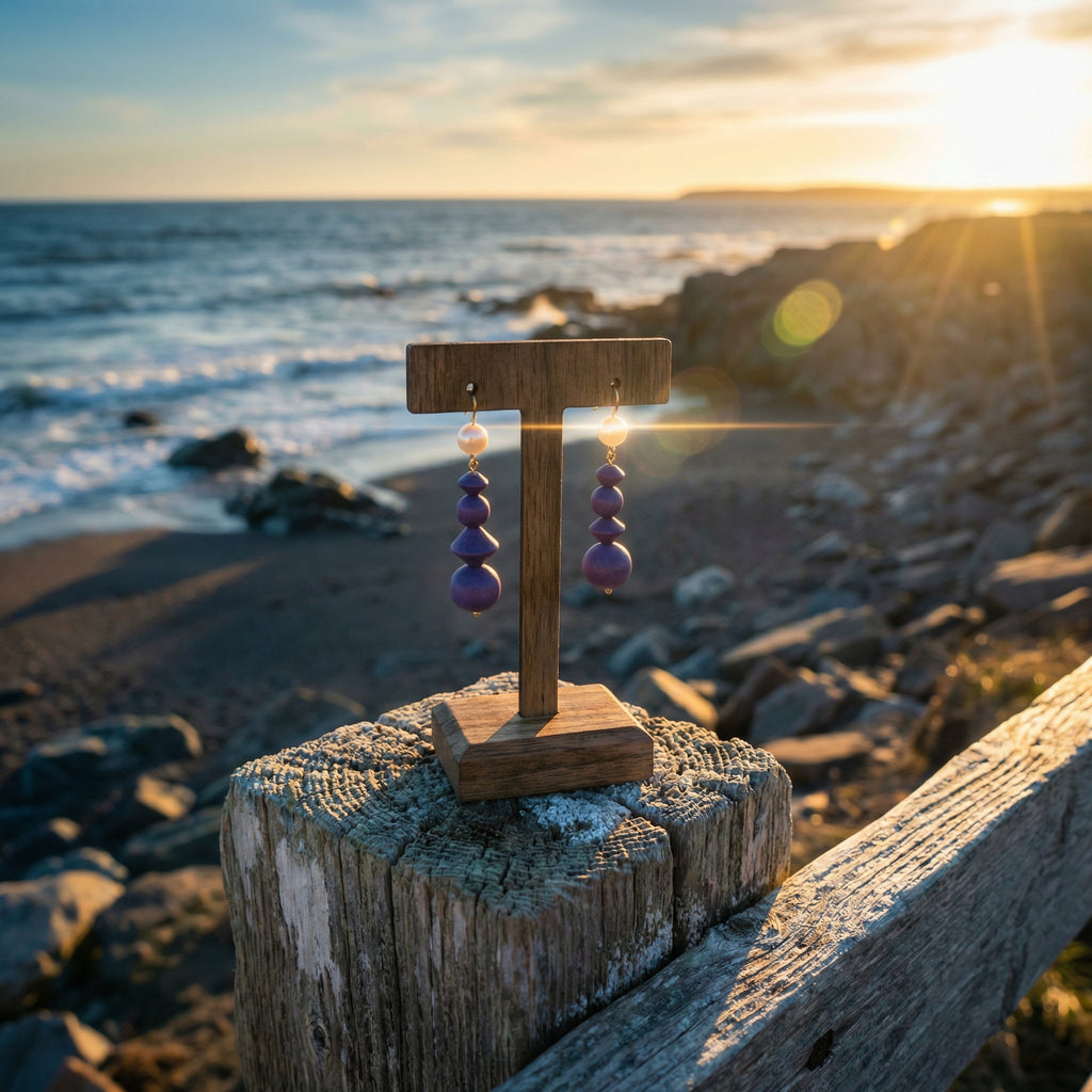 Purple Drop Earrings Made With Four Handmade Beads SG76