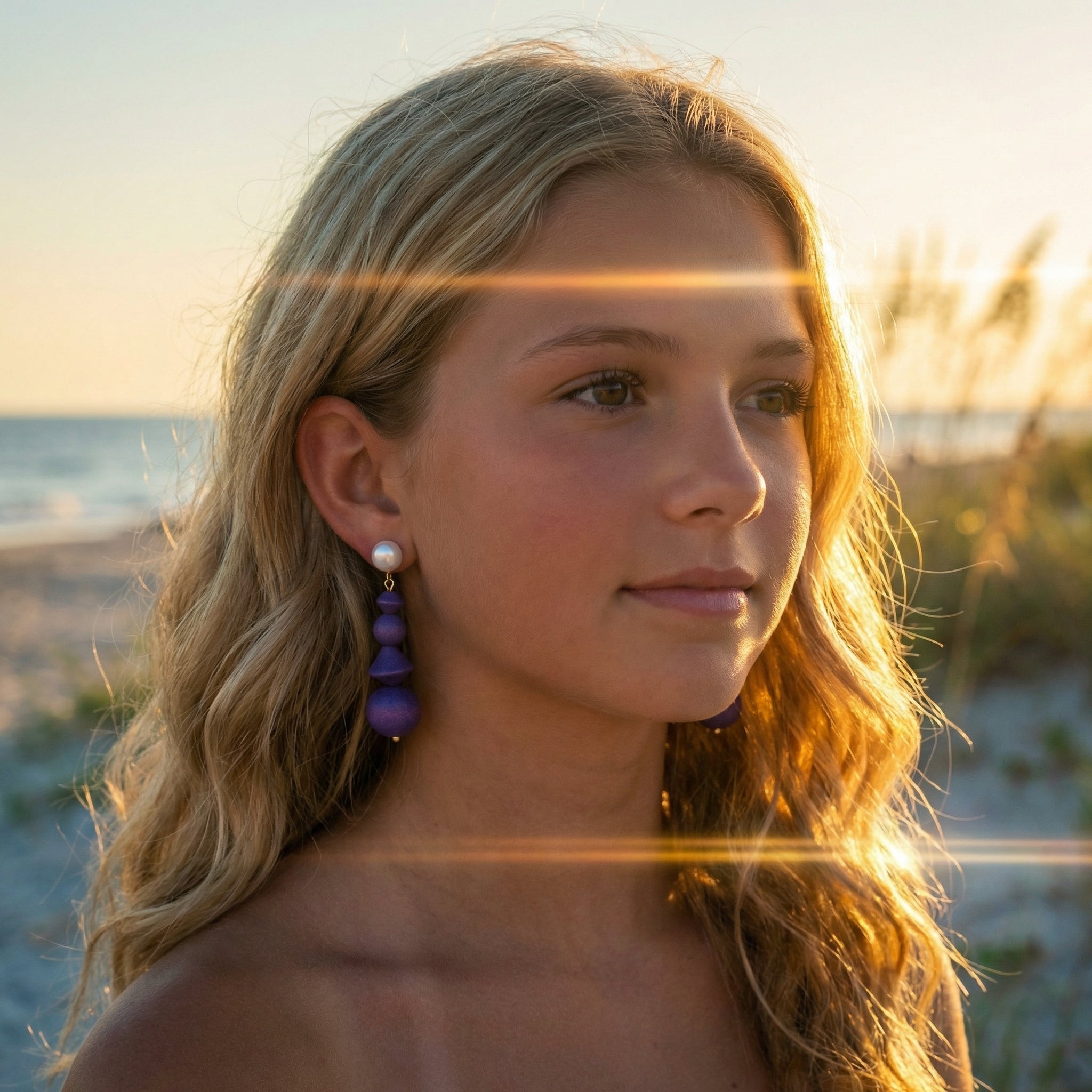 Purple Drop Earrings Made With Four Handmade Beads SG76