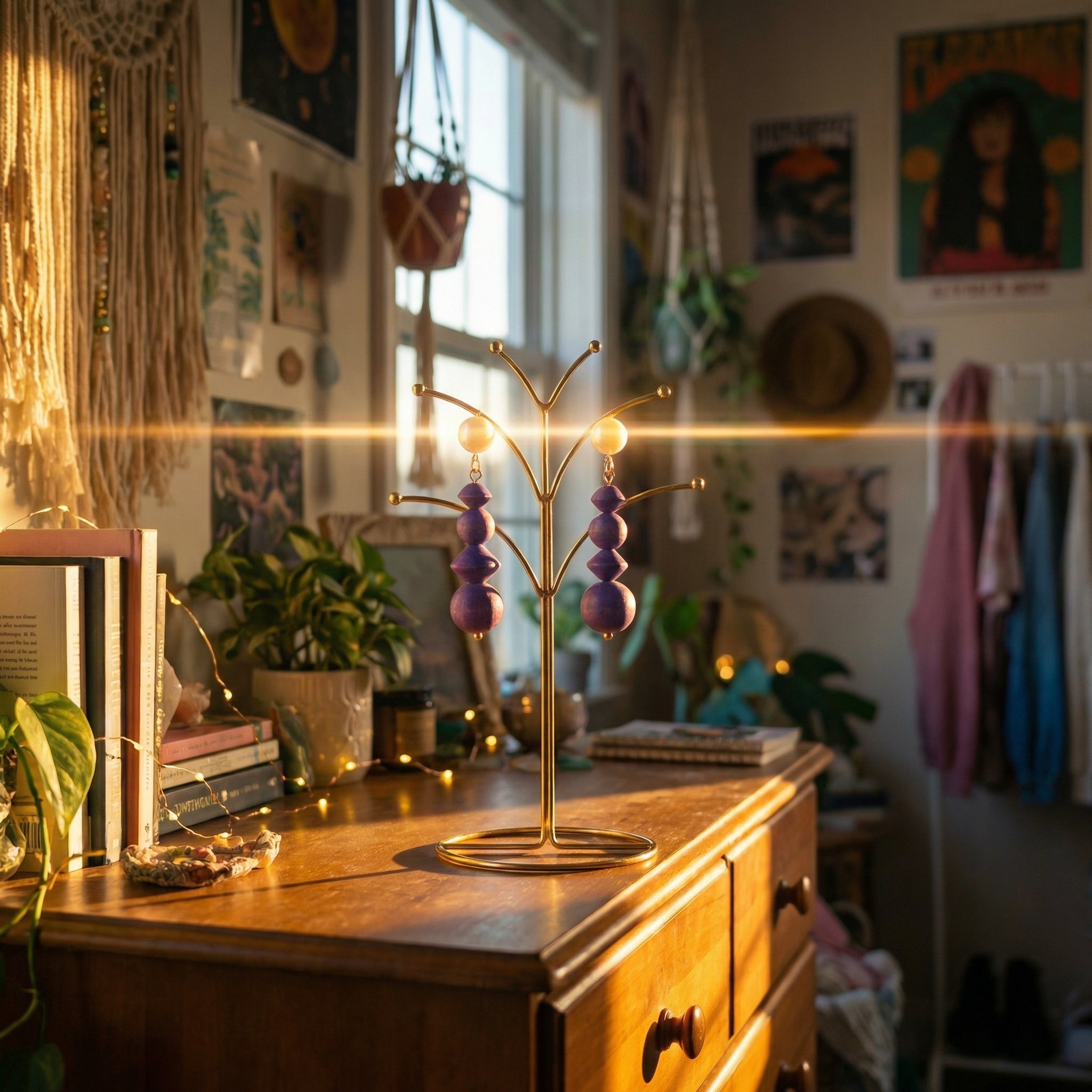 Purple Drop Earrings Made With Four Handmade Beads SG76