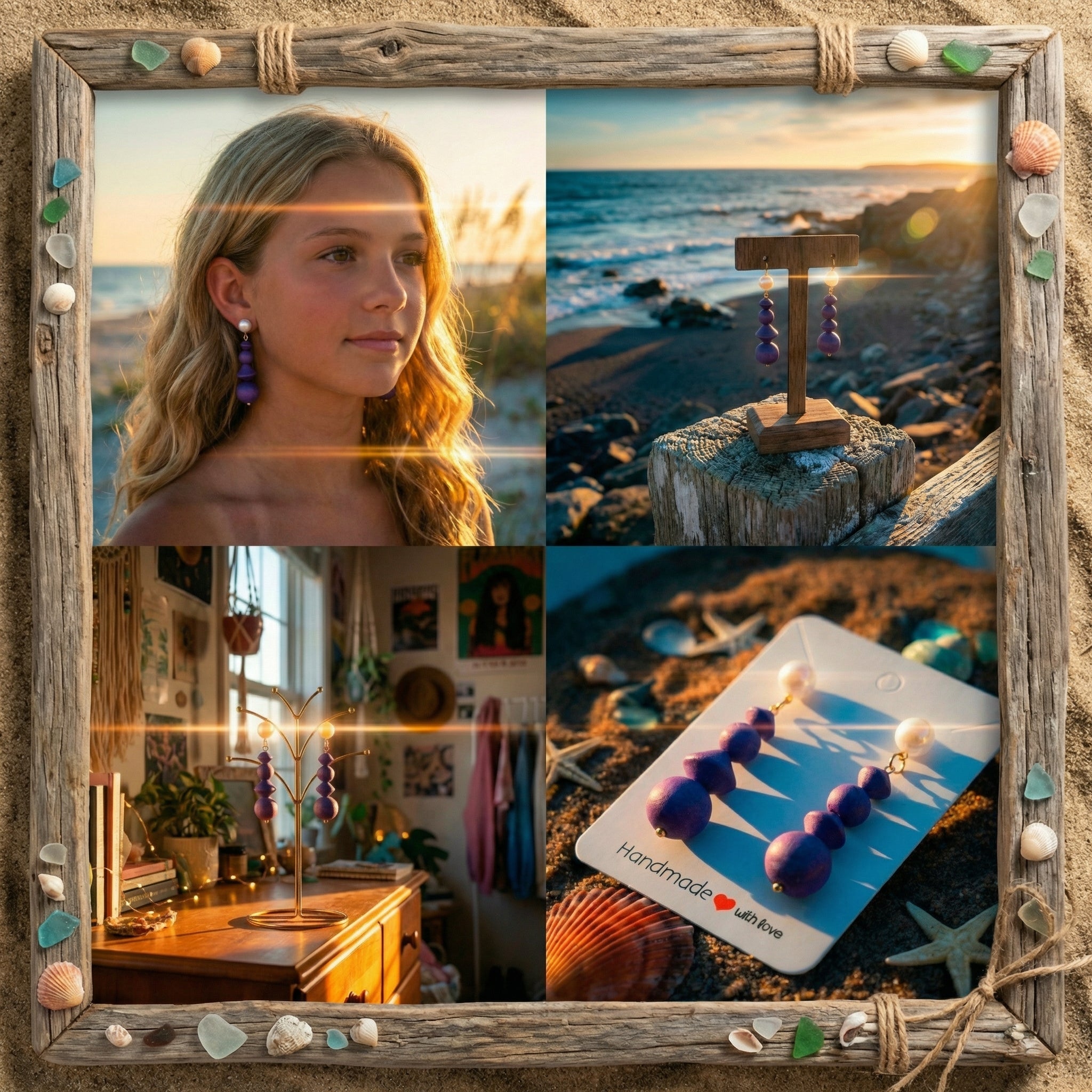 Purple Drop Earrings Made With Four Handmade Beads SG76