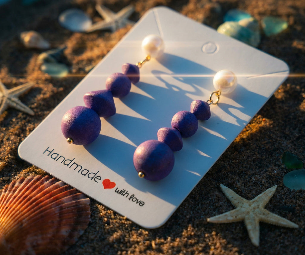 Purple Drop Earrings Made With Four Handmade Beads SG76