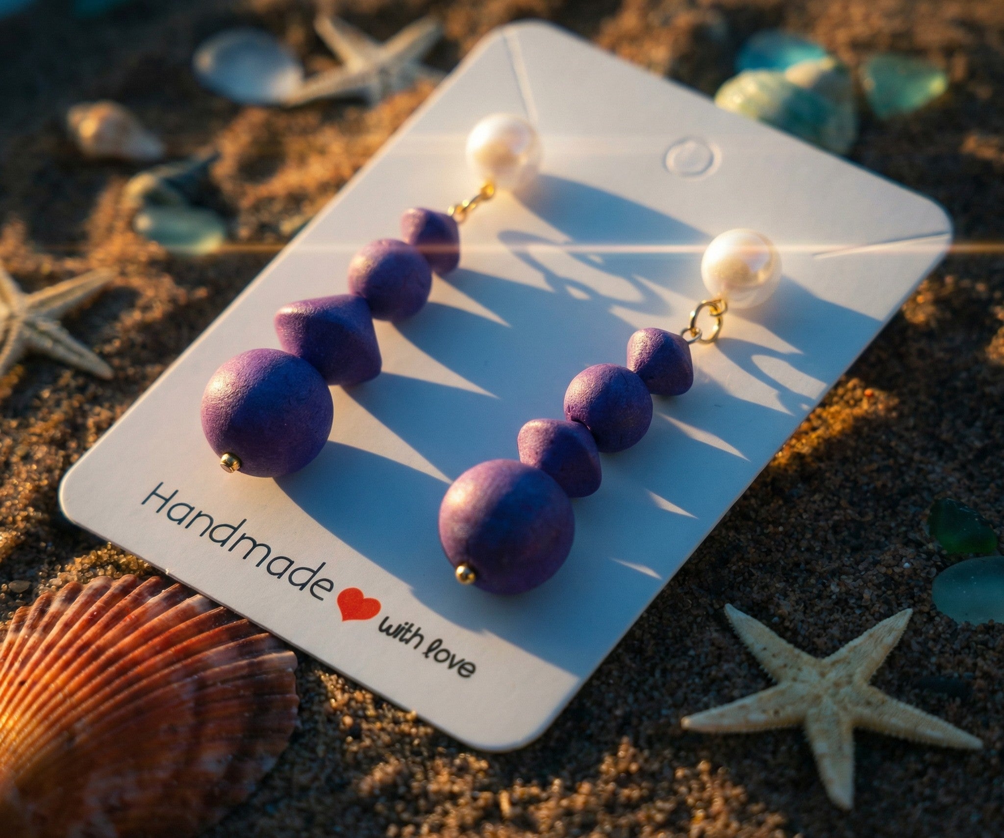 Purple Drop Earrings Made With Four Handmade Beads SG76