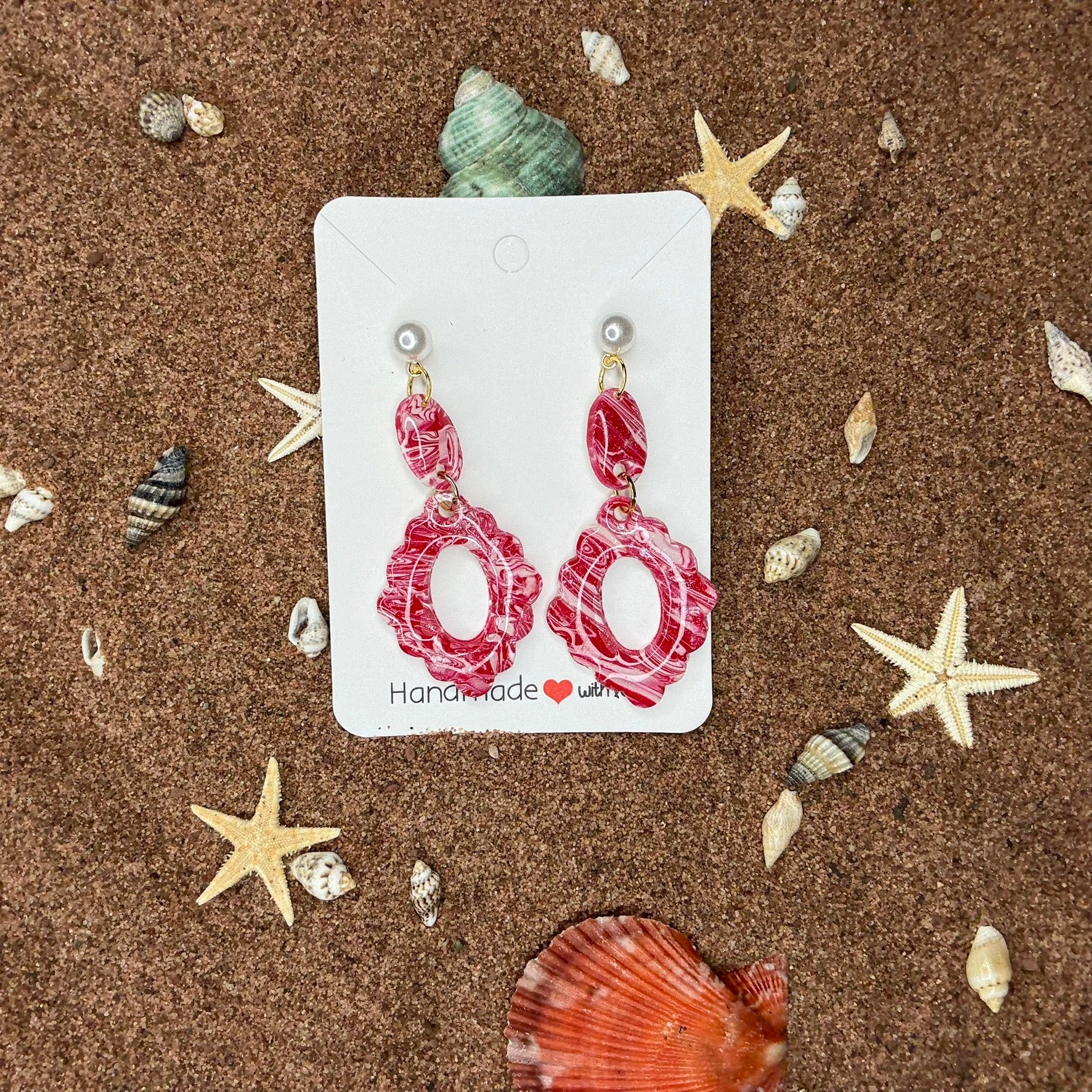 Two Piece Red and White Marbled Polymer Clay Earrings SG9