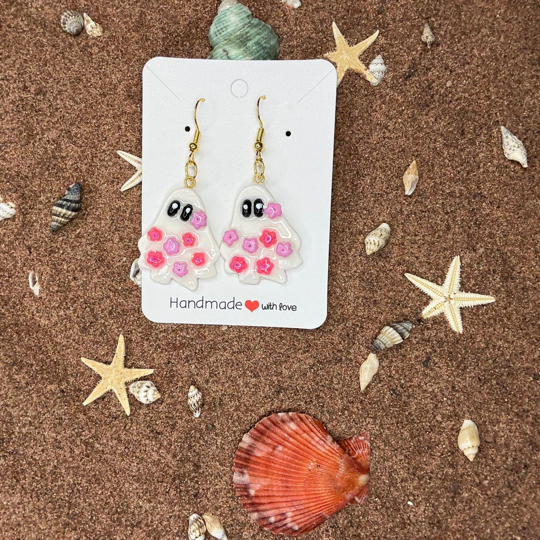 Halloween Ghost with Pink Flowers Polymer Clay Earrings SH2
