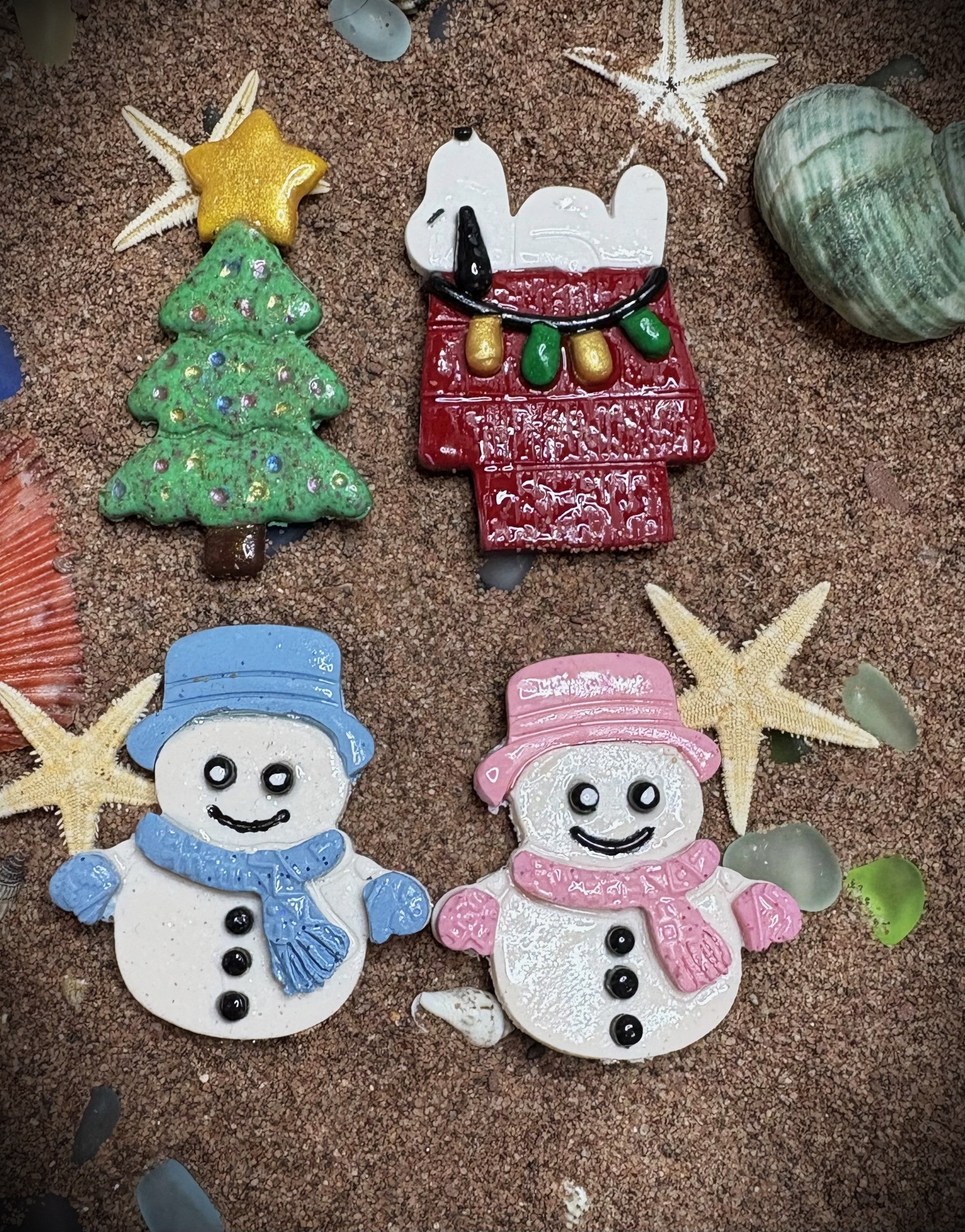 A Set of Four Christmas Magnets M1 - 1 Dog, 1 Christmas Tree, 2 Snow People - 1 in Blue and 1 in Pink