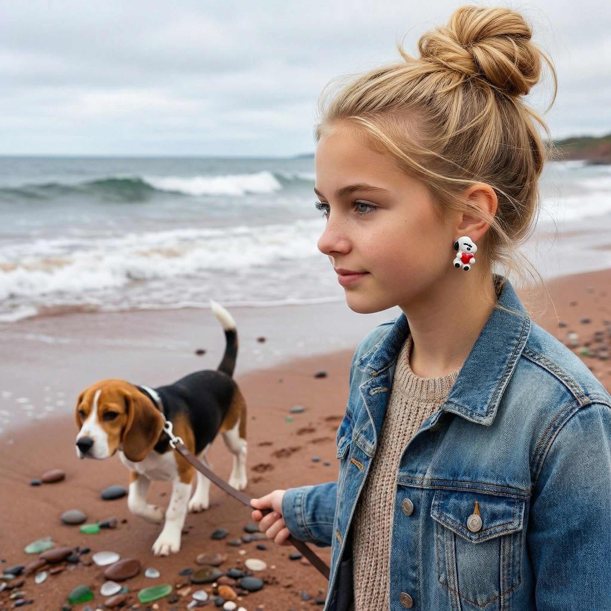 White Beagle Heart Stud Earrings SV11