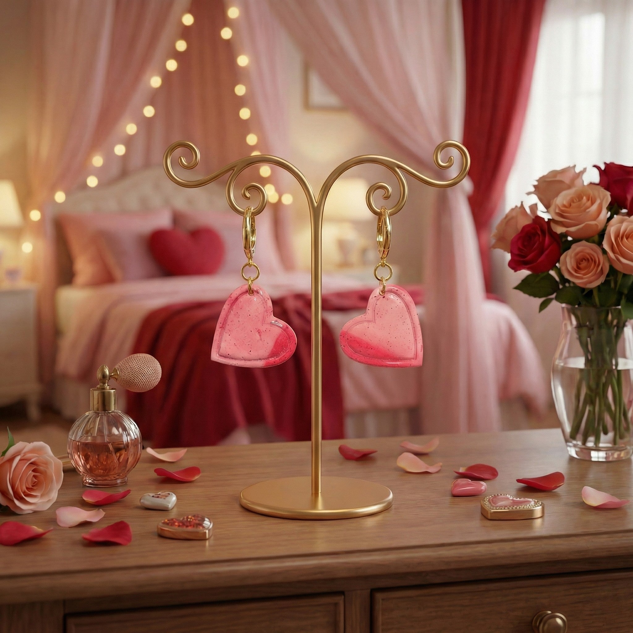 Pink and White Glitter Marble Heart Shaped Drop Earrings SV12