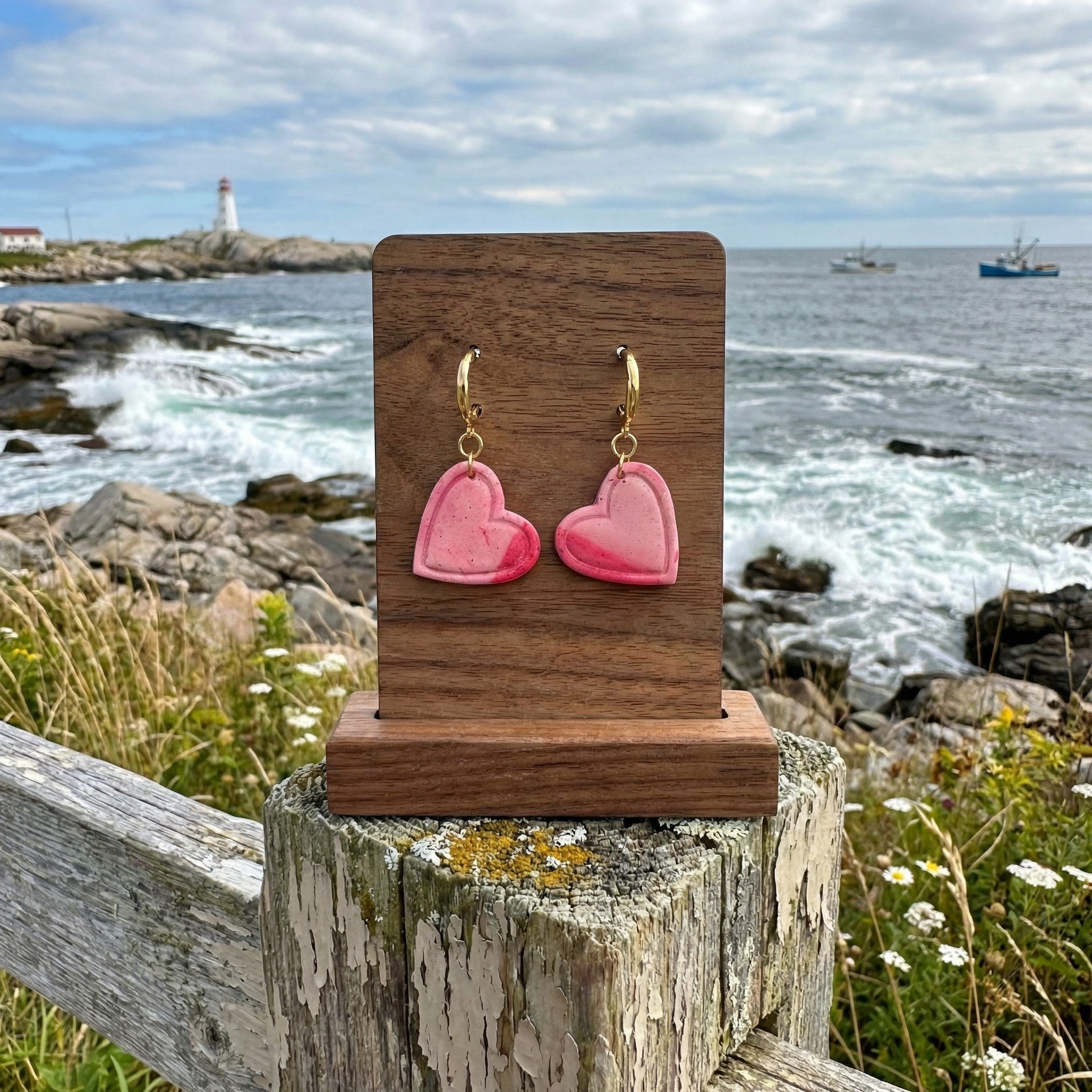 Pink and White Glitter Marble Heart Shaped Drop Earrings SV12