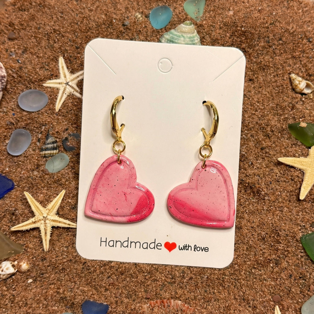 Pink and White Glitter Marble Heart Shaped Drop Earrings SV12