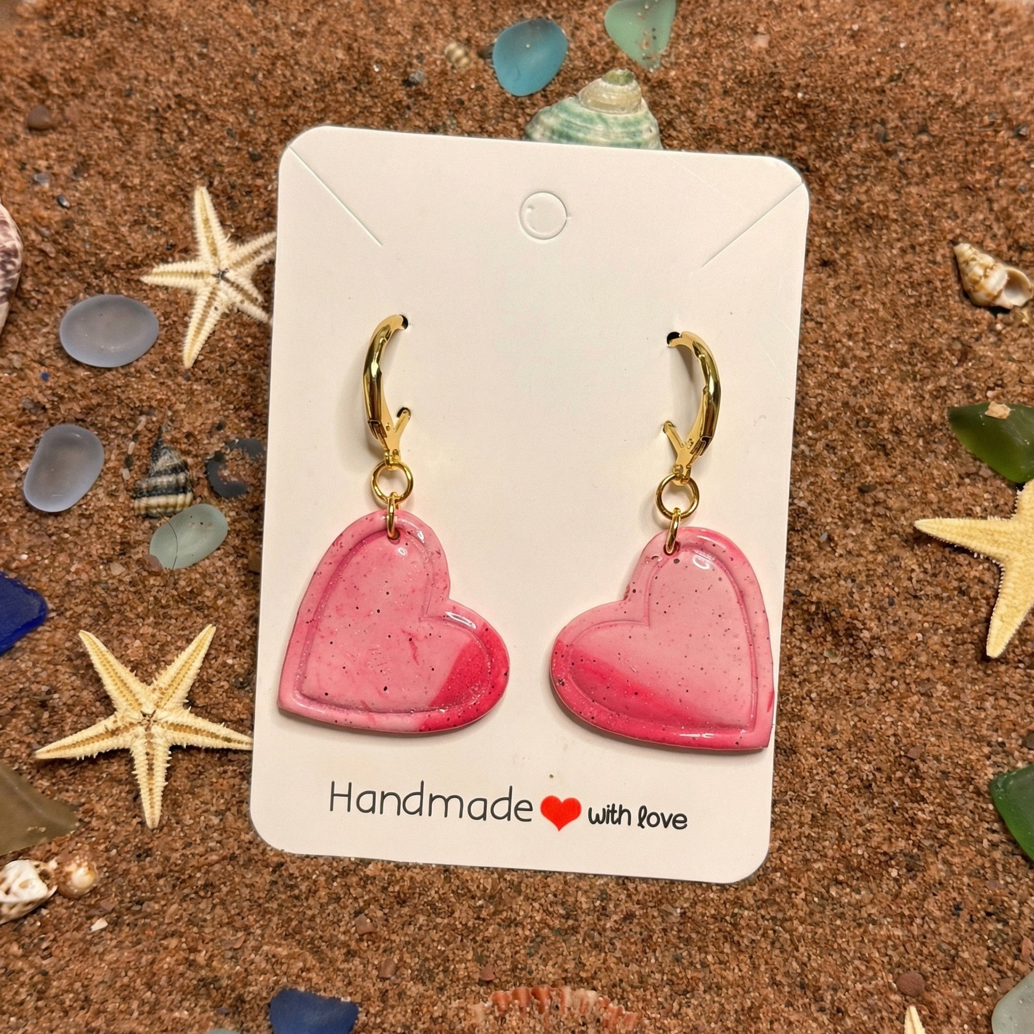 Pink and White Glitter Marble Heart Shaped Drop Earrings SV12