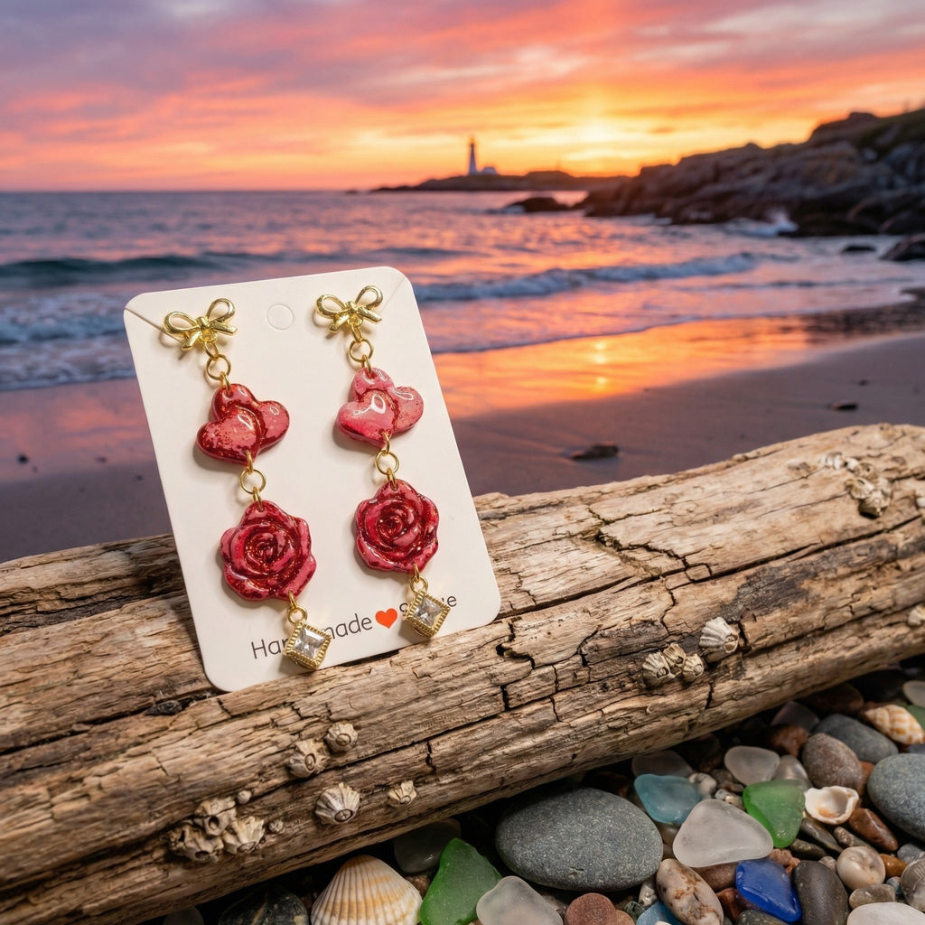 Four Piece Hearts and Roses Dangle Earrings SV13