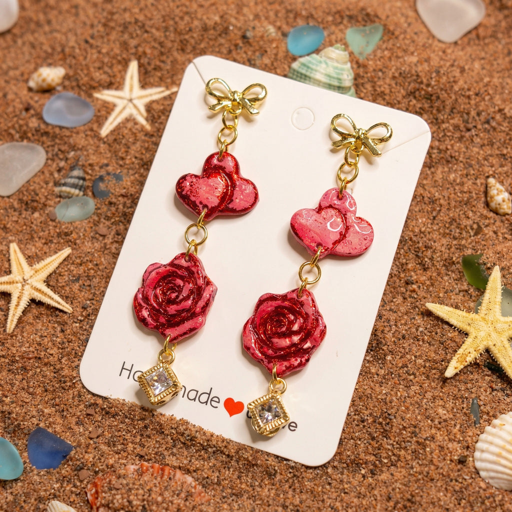 Four Piece Hearts and Roses Dangle Earrings SV13