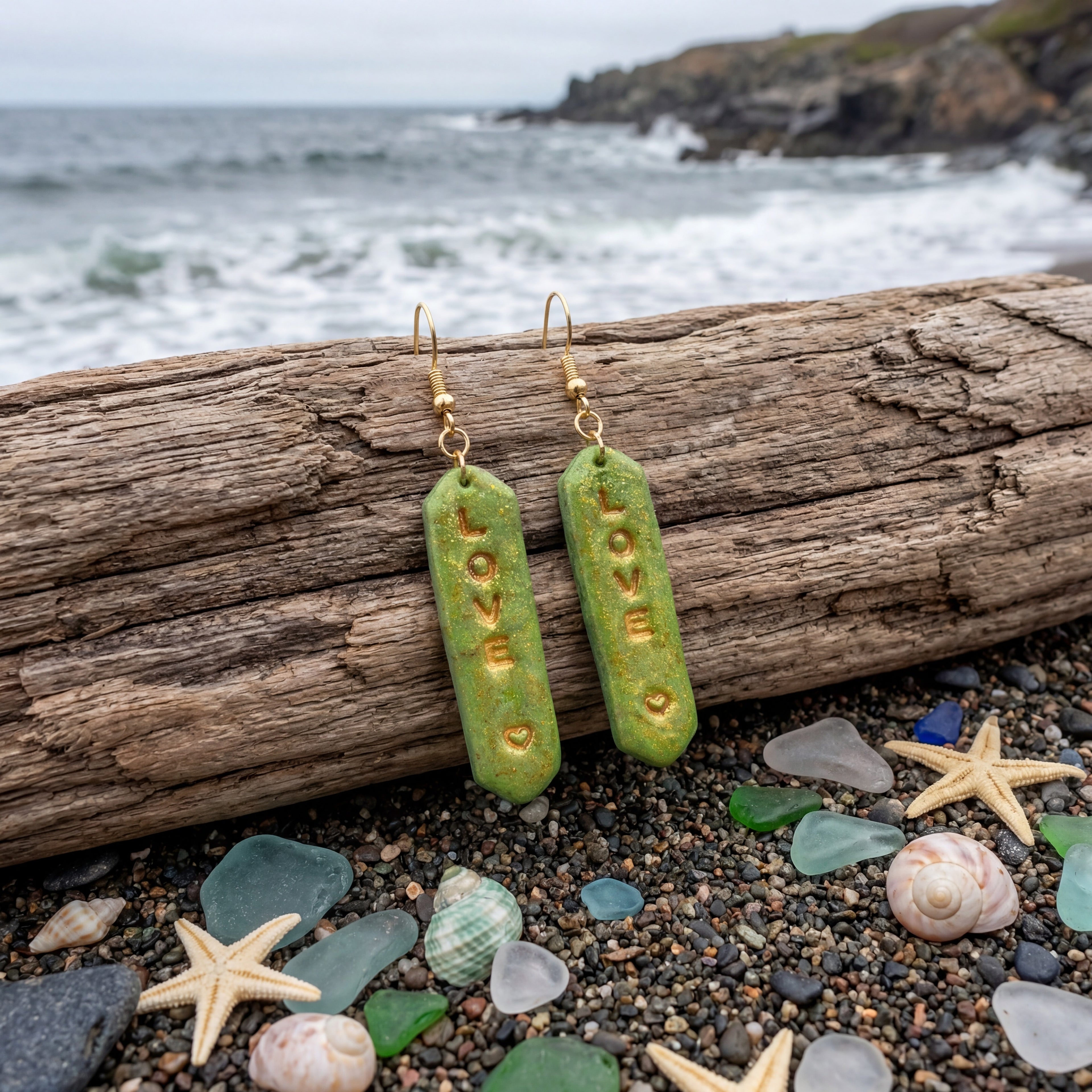 Green and Gold Glitter Dangle Earring Bars with Gold "LOVE" SV2