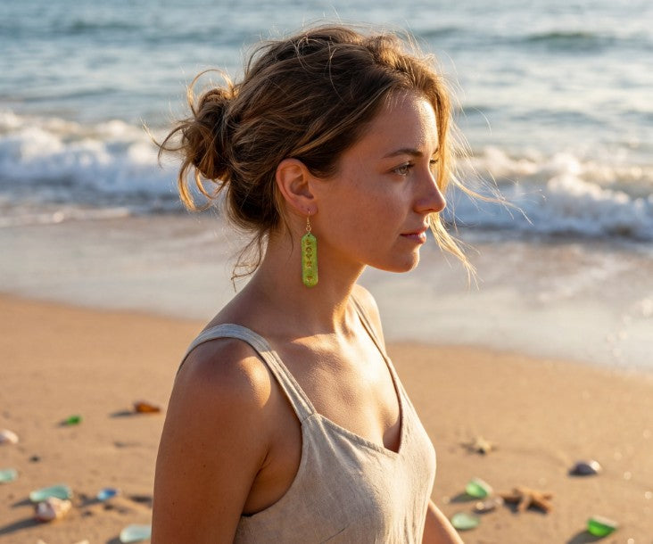 Green and Gold Glitter Dangle Earring Bars with Gold "LOVE" SV2