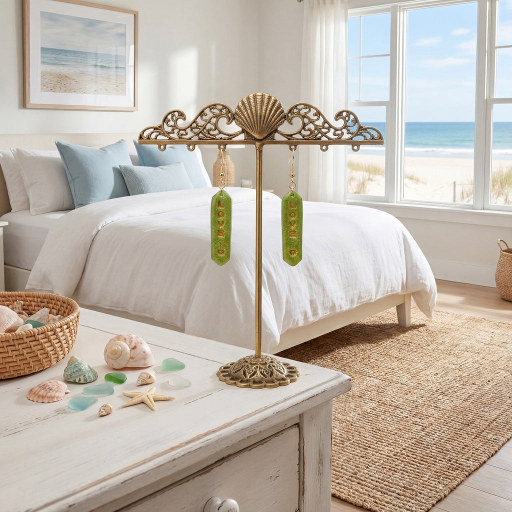 Green and Gold Glitter Dangle Earring Bars with Gold "LOVE" SV2