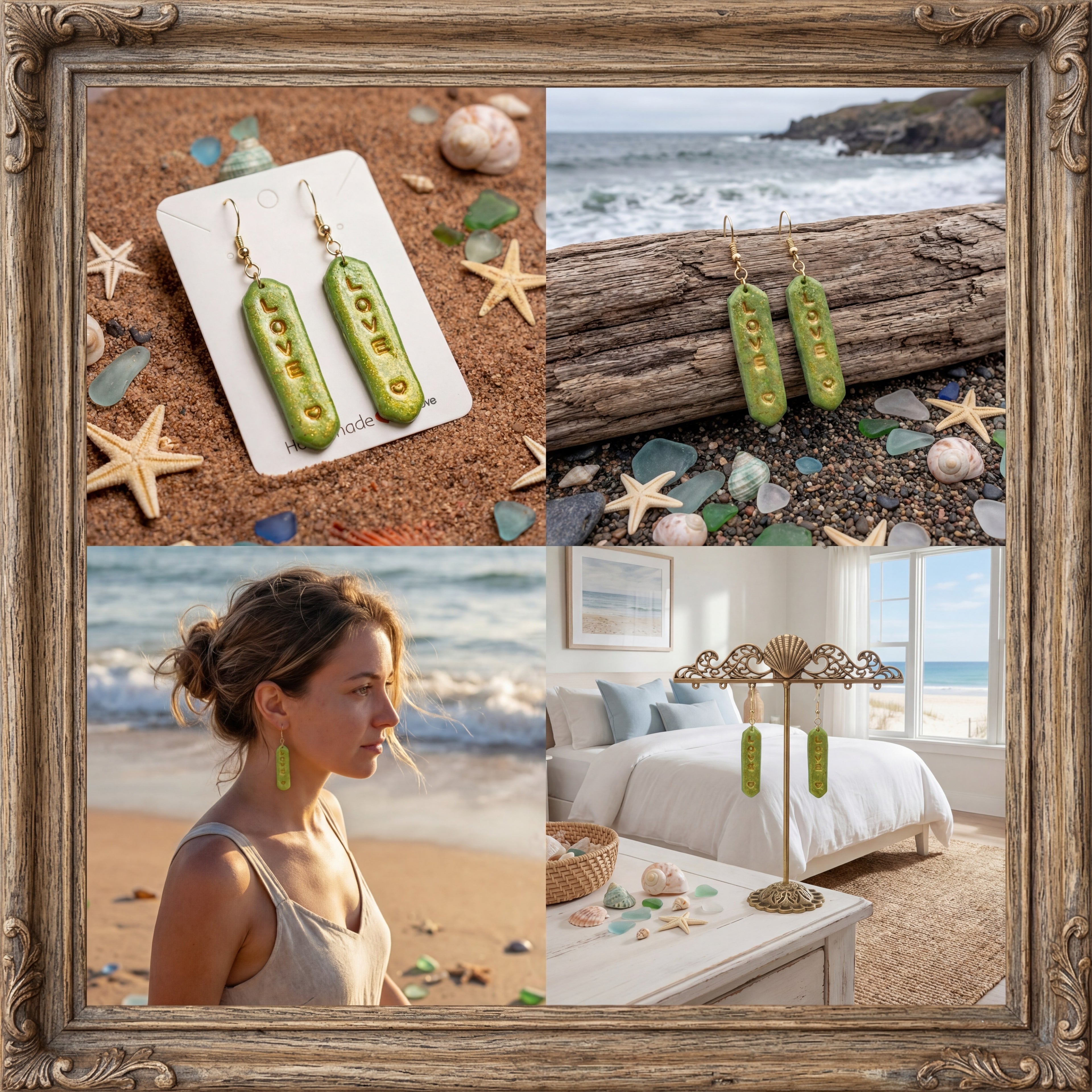 Green and Gold Glitter Dangle Earring Bars with Gold "LOVE" SV2