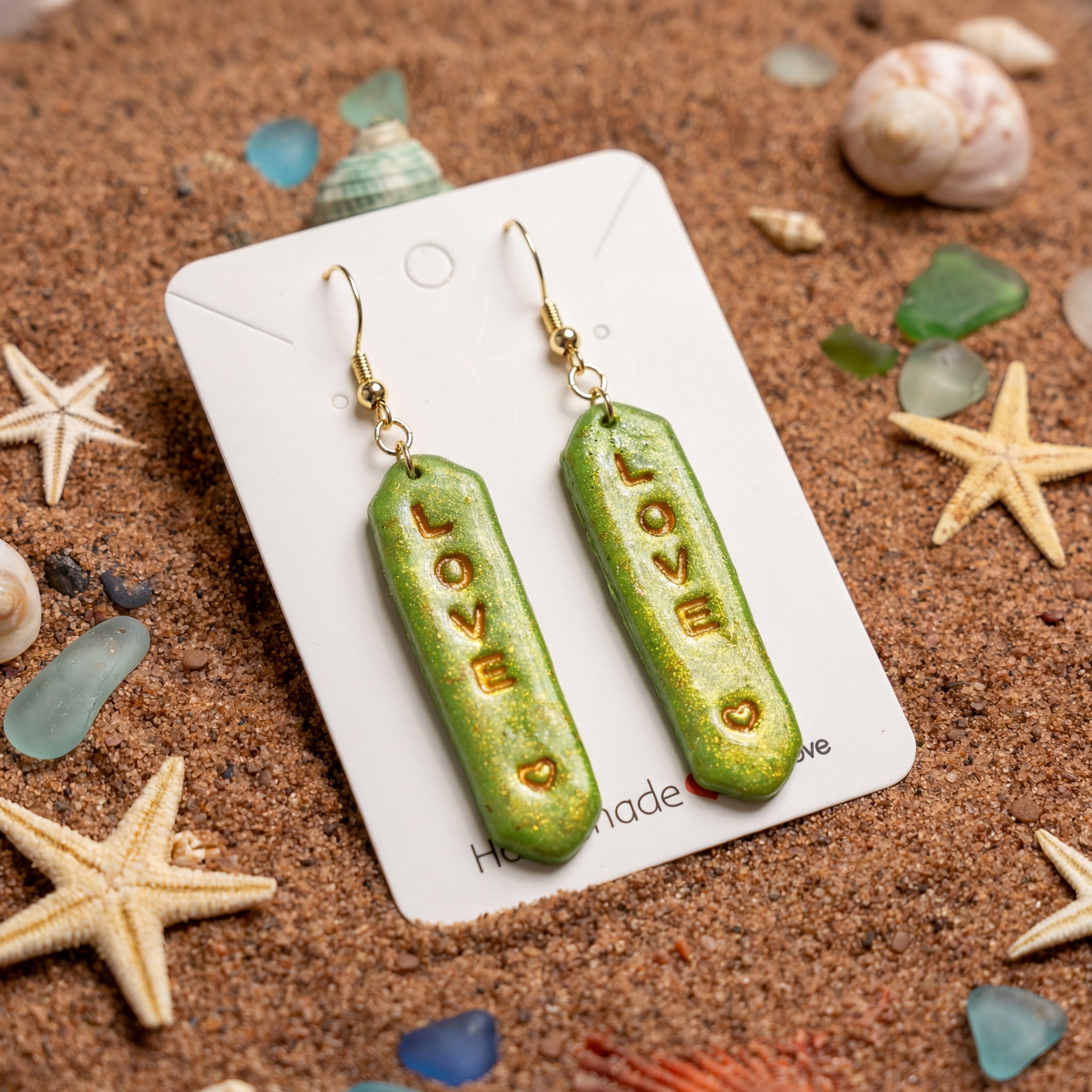 Green and Gold Glitter Dangle Earring Bars with Gold "LOVE" SV2