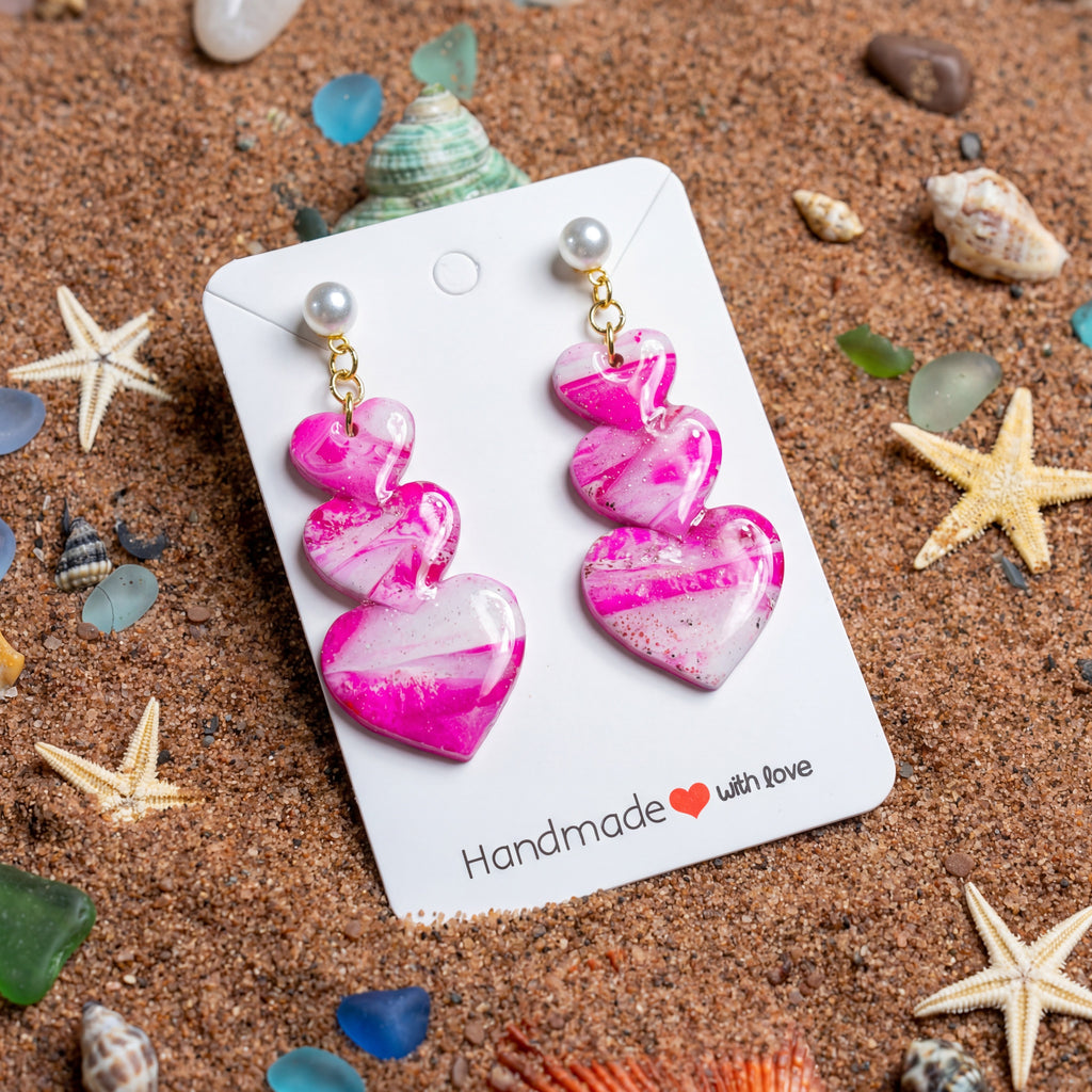 Three Hearts Pink and White Marble Drop Earrings SV3